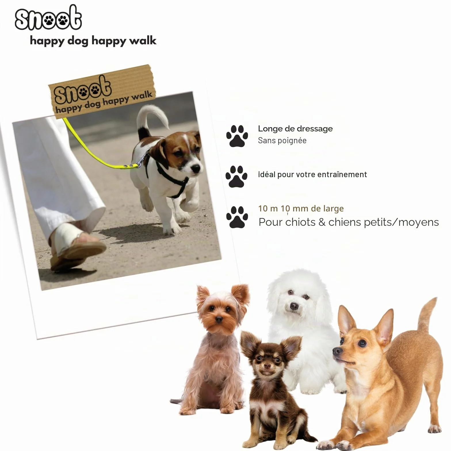 Laisse à Pister 10m, Laisse de Chien, Mousqueton, Jaune Fluo, Extra étroite, Résistante à l'Eau