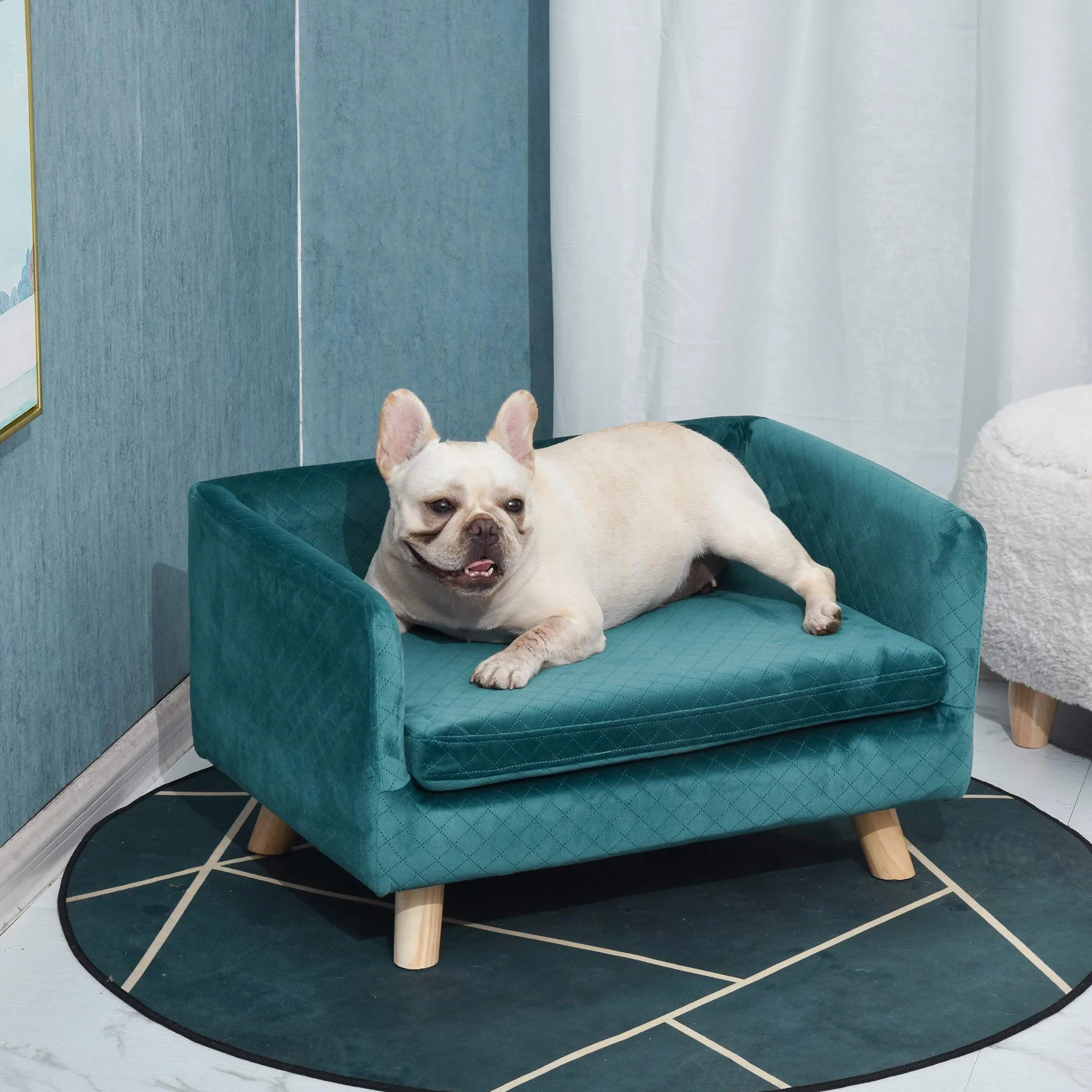 PawHut Canapé Chien lit pour Chien Design scandinave Coussin Moelleux Pieds Bois Massif 64 x 45 x 36 cm Velours Bleu Canard