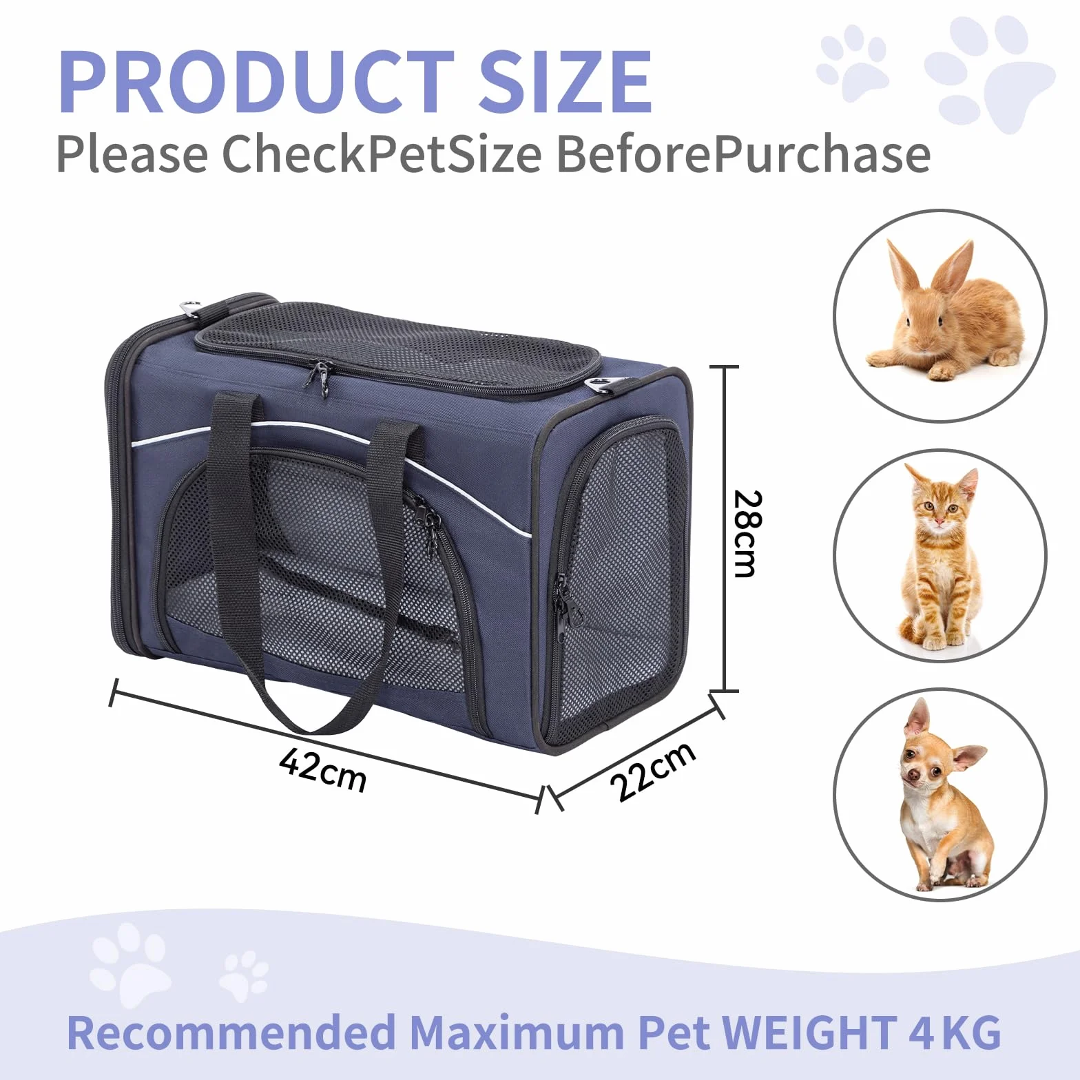 Petsfit Sac de Transport pour Chat Chien Pliable avec 2 Coussins Lavable, pour Voyage Avion Voiture, Bleu