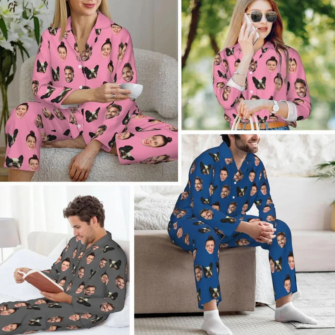 Pyjamas Personnalisés avec Photo Visages Chiens Chats Tenue Famille Assortie Anniversaire