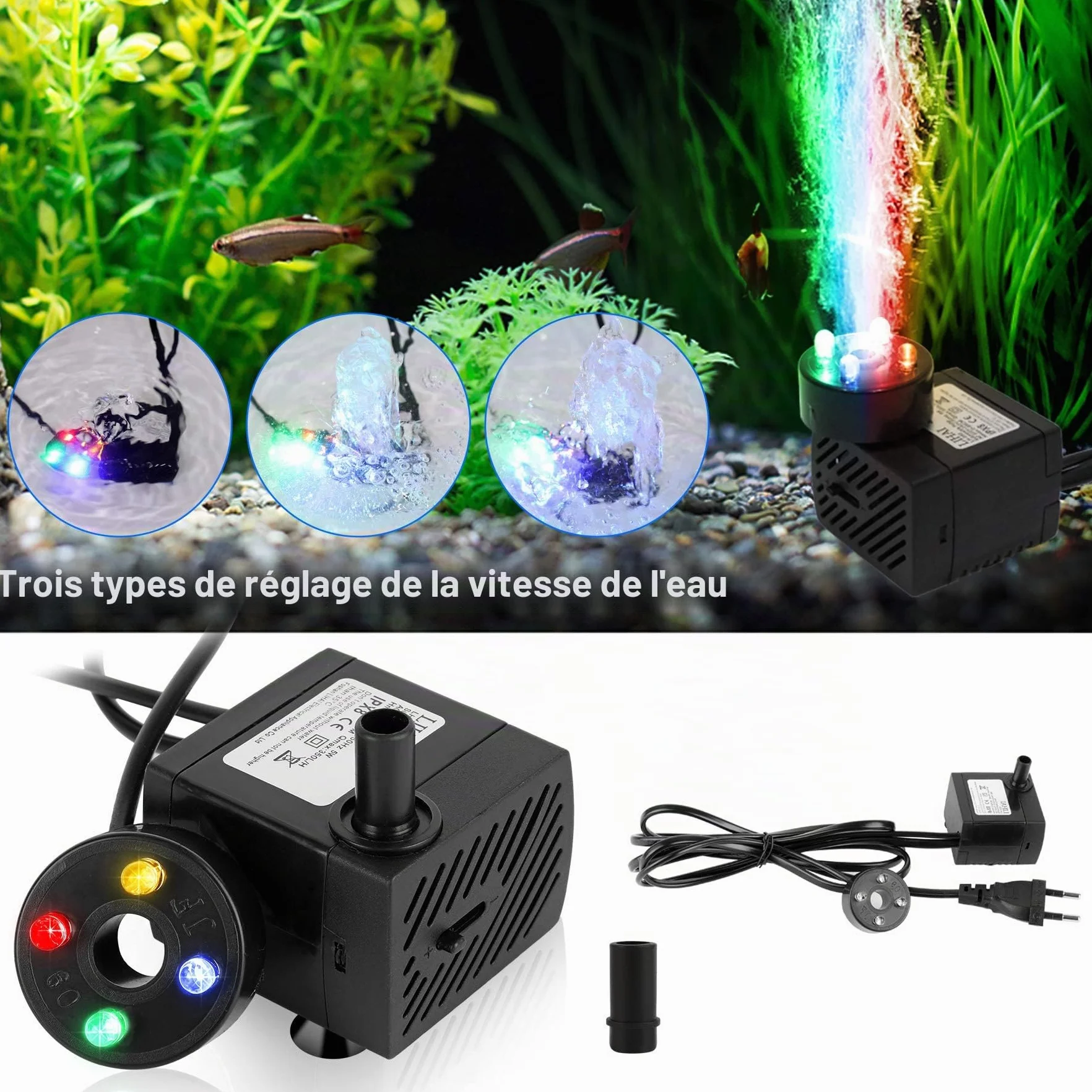 Forever Speed Mini pompe à eau d'aquarium submersible 5 W 350 l/h 0,85 m avec LED