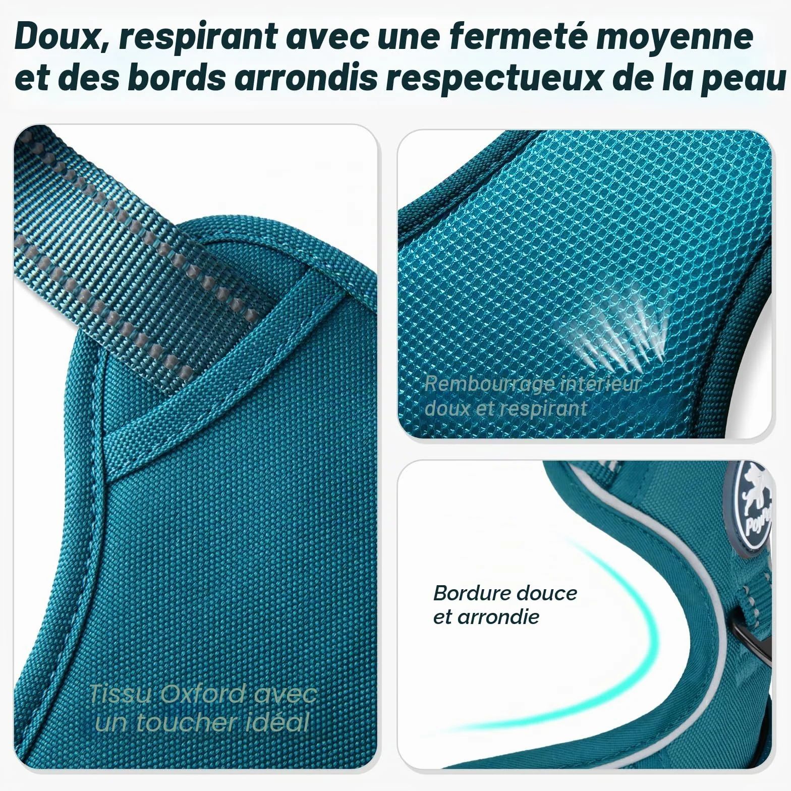 Poypet Harnais pour Chien Réfléchissant Gilet Réglable Doux Poignée Easy Control Bleu Sarcelle Taille S