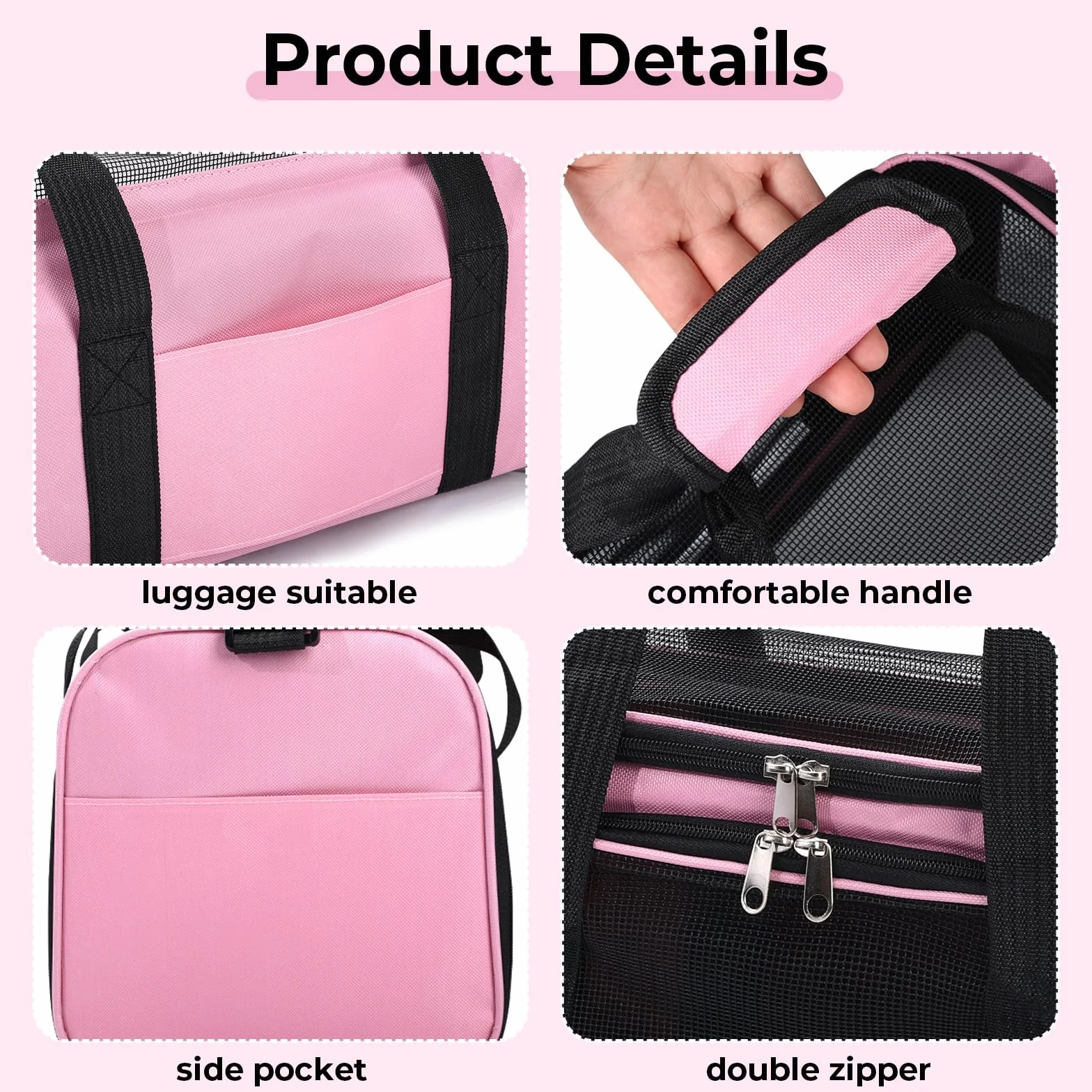 Sac de Transport pour Chat et Chien 5.5 kg Pliable avec Bandoulière Réglable et Matelas Souple Lavable Rose 40x25x25cm