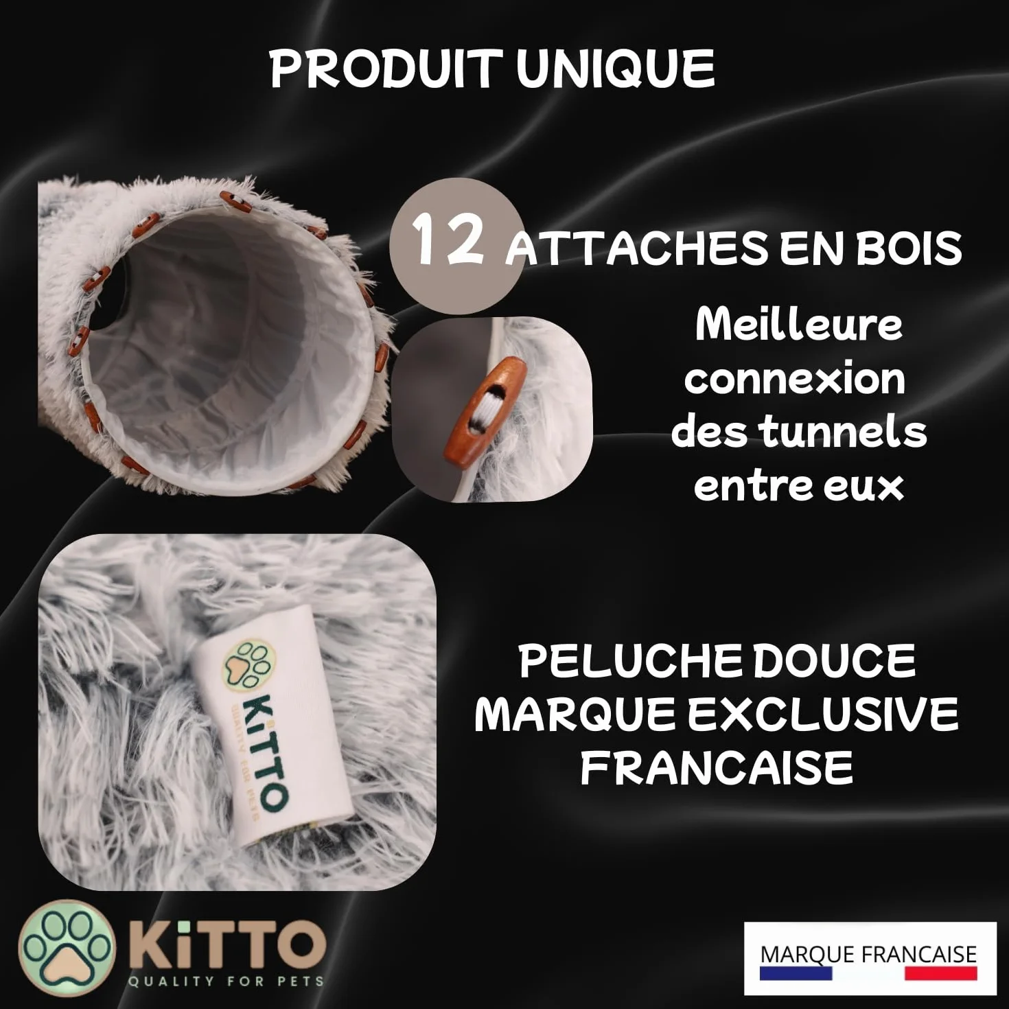 Kitto - Tunnel pour Chat - Panier Moelleux avec Coussin lit - Tunel Cat Jeu - Cabane, Niche - Tunnelle modulable - Rond -Convient pour Chat XXL, Petit Chien, Lapin, Furet - 12 Attaches en Bois