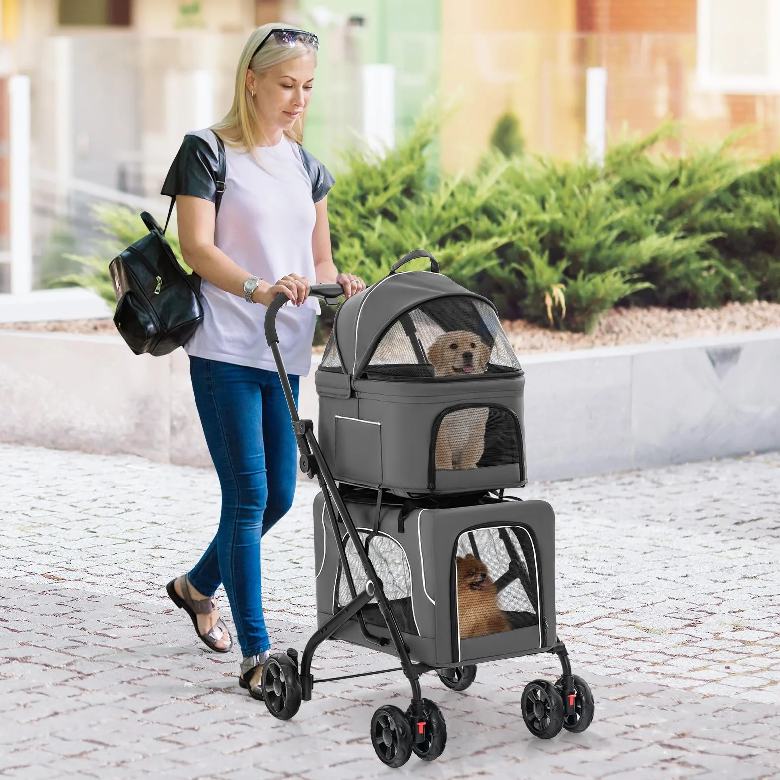 Poussette Chien Chat 2 Couches Détachable 3-en-1 GYMAX Transporteur Siège Auto Auvent Réglable Cadre Métal Pliable Gris