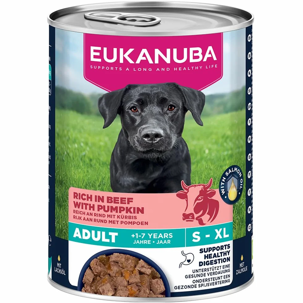 EUKANUBA Life Care Aliment Humide Chien Adulte 1-7 Ans Toutes Races, Pâtée Riche en Bœuf & Courges, Oméga-3, Calcium, 6x400g
