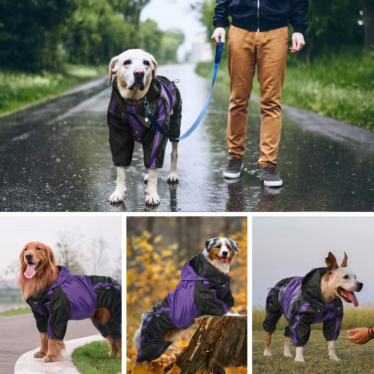 Manteau de pluie imperméable pour chiens de grande taille, poncho léger avec capuche, gilet résistant à la neige, vêtements de pluie avec trou pour laisse