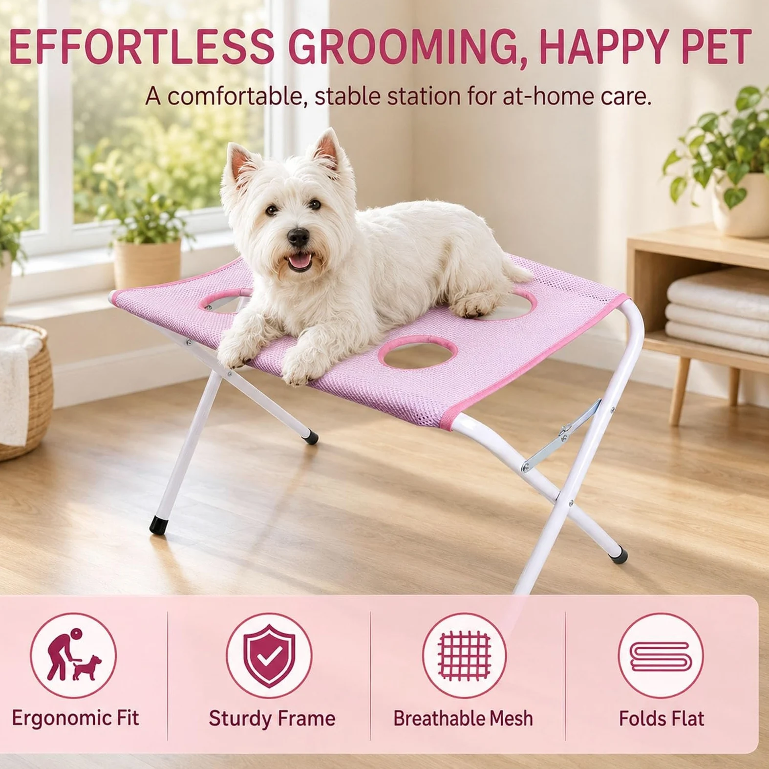 Table de Bain pour Chien Pliable, Station de Toilettage pour Animaux | Avec Surface En Filet Et Sangle De Sécurité, Support De Lavage Portable Pour Petits Et Moyens Chiens Et Chats(Pink)