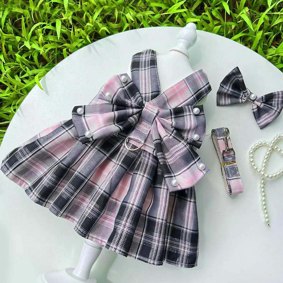 Robe pour Chien Tartan Rose Noir Noeud Papillon Vêtement Canin Respirant Mariage Cérémonies Petit Moyen Grand (S)