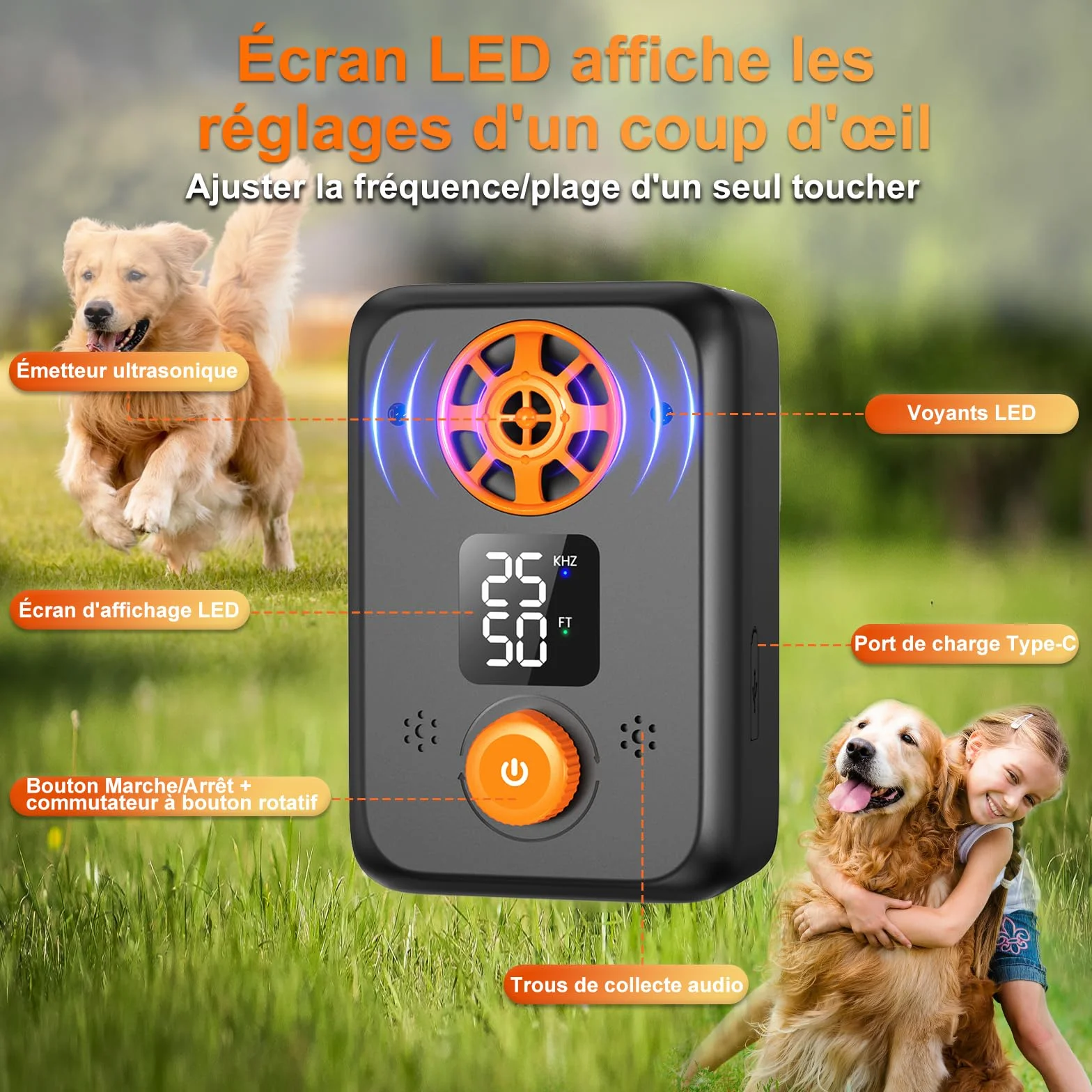Appareil Anti-Aboiement Ultrasonique Chien 5 Fréquences Ajustables 3 Portées Intérieur/Extérieur