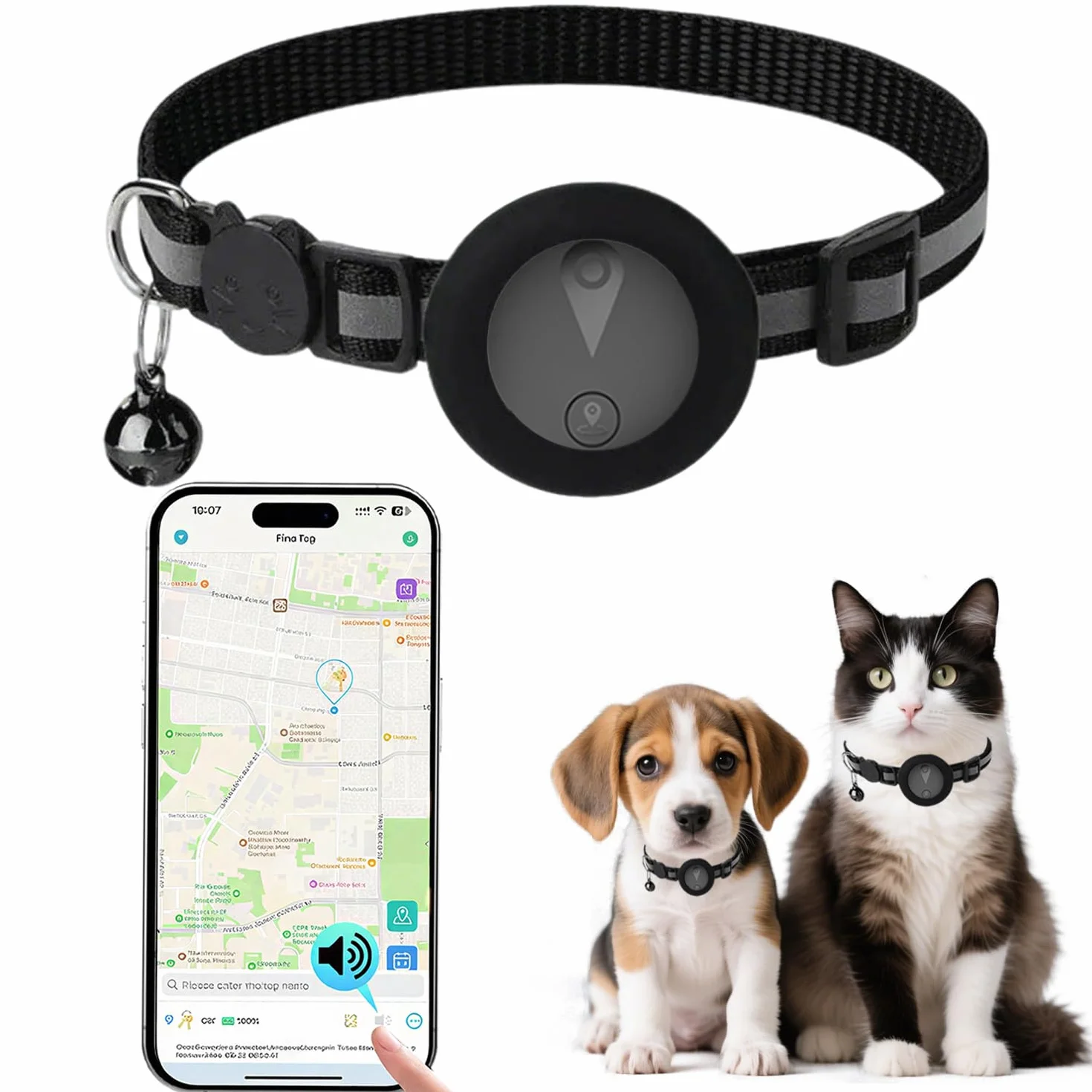 Collier GPS Chat Enregistrement des Trajets sur 7 Jours Collier GPS pour Chien Compatible avec iOS et Android GP S Chien Suivi en Temps RéEl GP S Tracker Traceur pour Animaux éTanche IP67 - Noir