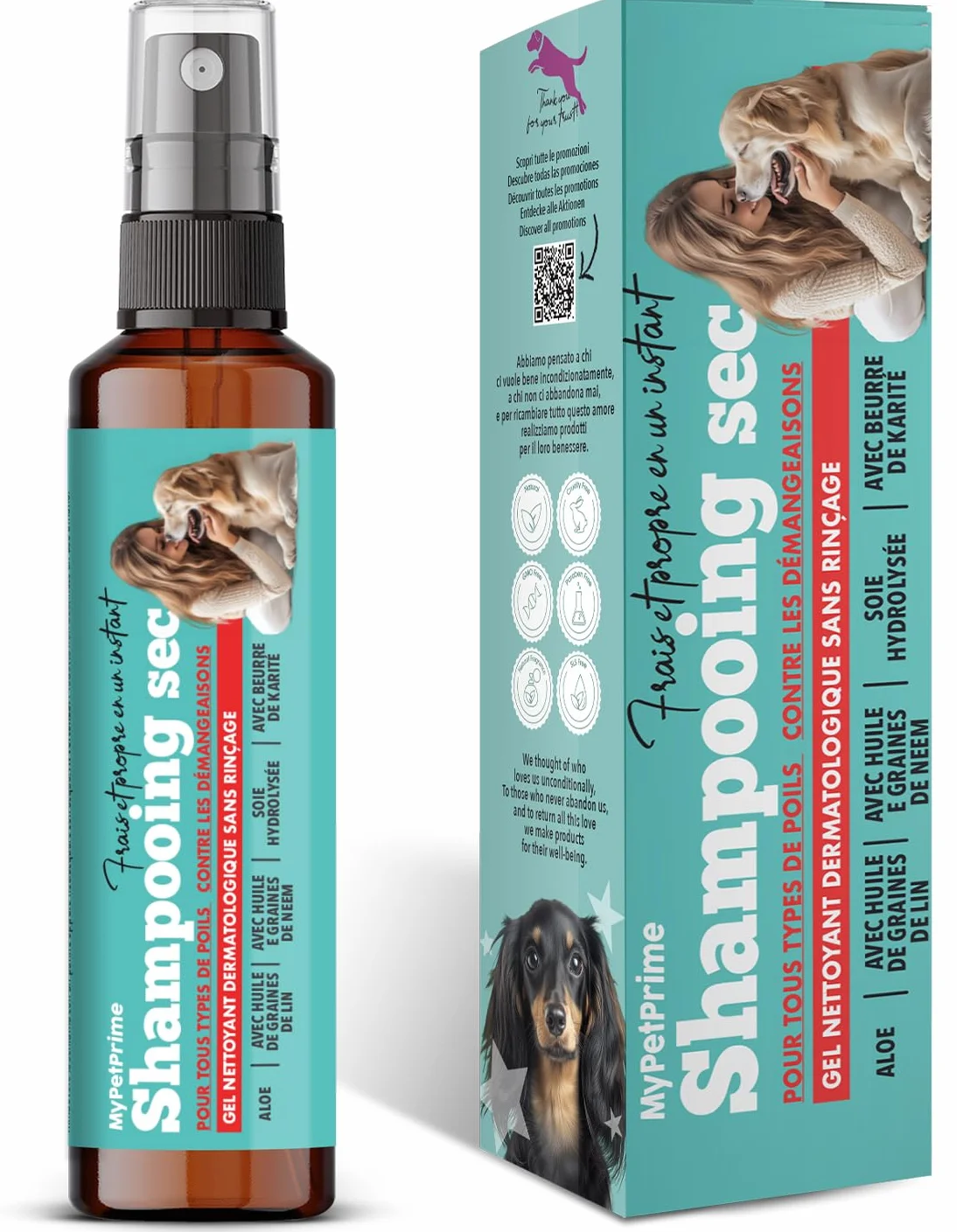 MyPetPrime Shampooing Sec en Gel pour Chiens | sans Rinçage | Anti-Odeur | Dermatologique | Hygiénique, Anti-Démangeaisons | avec Huile de Graines de Neem | pour Toutes Races | Fabriqué en Italie