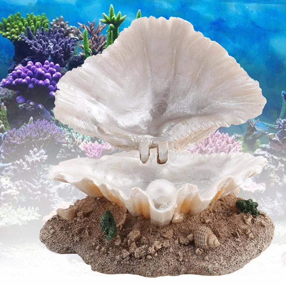 Ornement de Coquille d'Aquarium en Résine avec Barboteur Perle et Récif Corail pour Décoration de Réservoir de Poisson