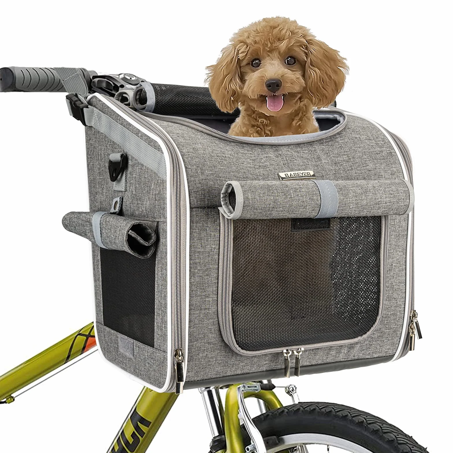 Panier de vélo extensible et souple 4 portes ouvertes fenêtres maille pour petits chiens chats chiots Gris