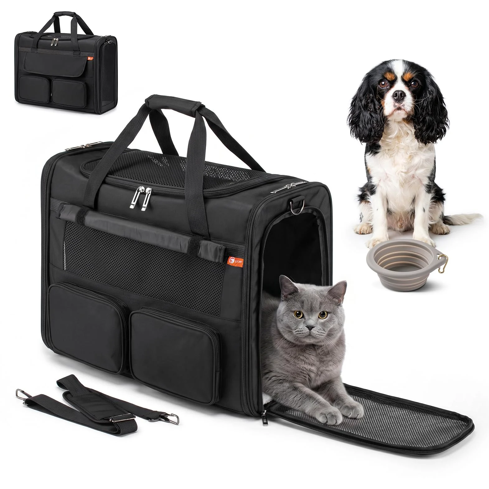 Sac Transport Chat Petit Chien Avion 55x40x23 Cabine Pliable Respirant Caisse Transport Dog Chat Carrier Bag avec Matelas en Peluche Amovible, Gamelle Chat pour Chats et Chiots Jusqu’à 12kg