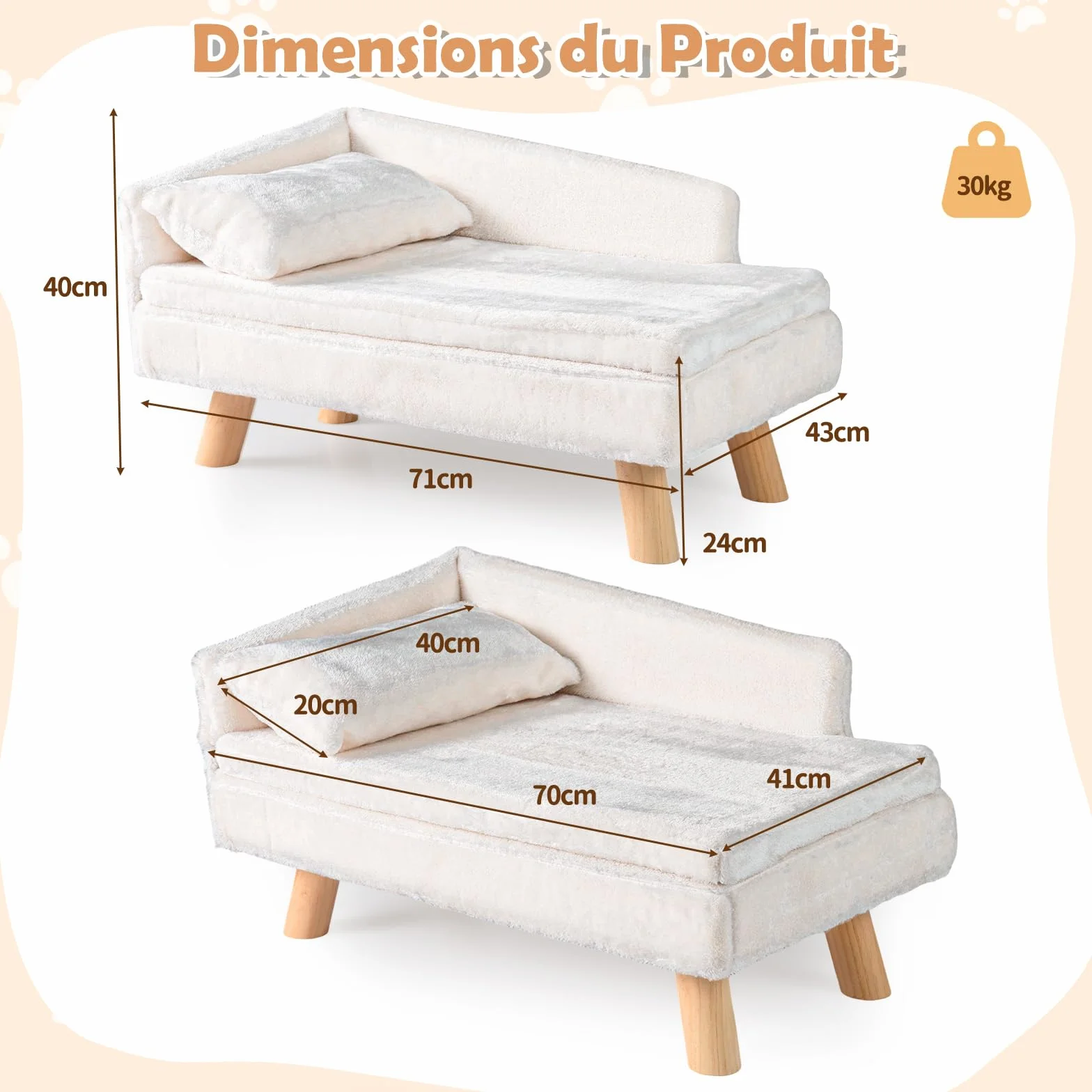 COSTWAY Canapé Lit pour Chien Chat 30/50 kg, Oreiller Coussin Amovibles, Pieds Bois, Panier Chien Chat Moyens Petits, Dossier Haut, Beige 71x43x40 cm