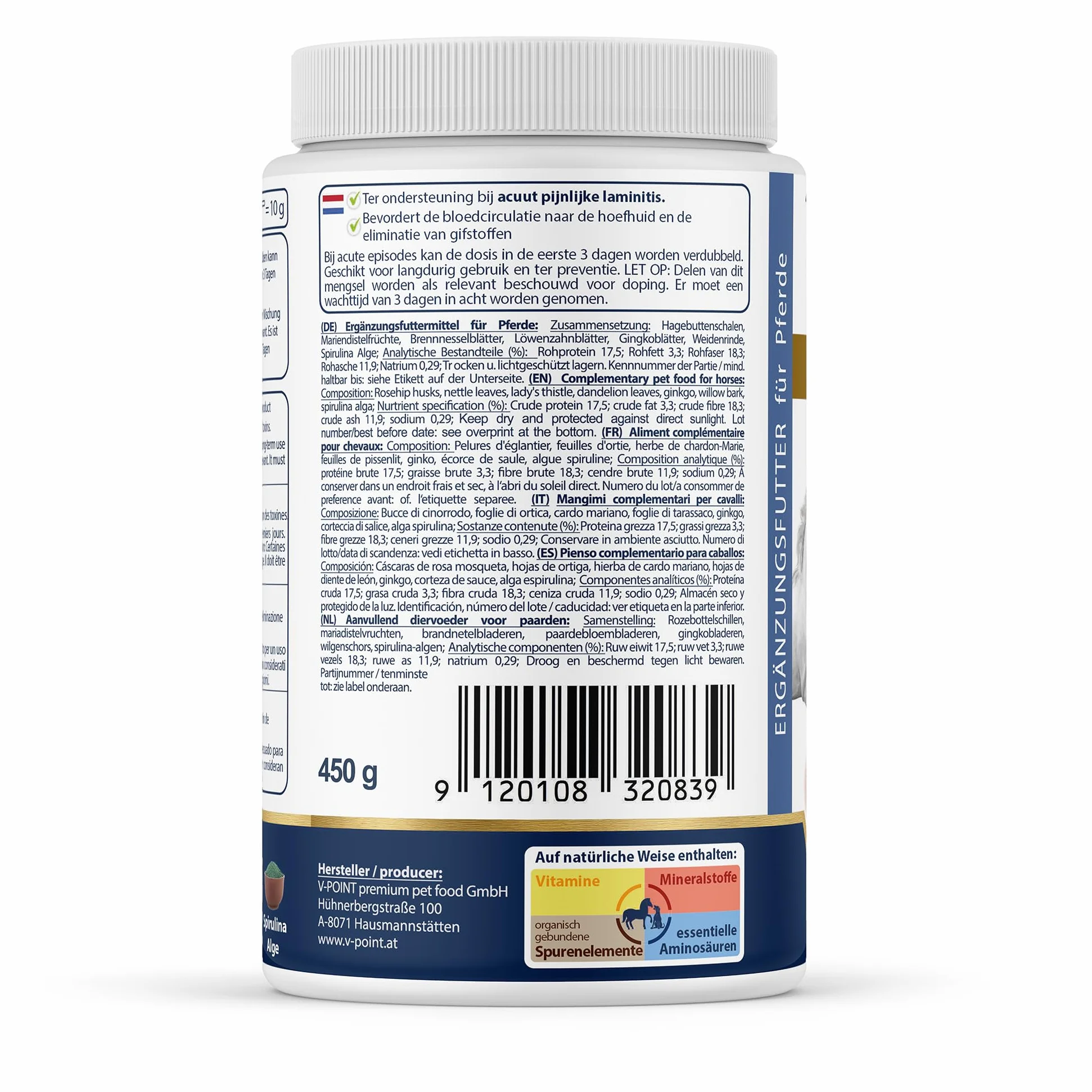 V-POINT REHE Plus poudre pour crises de fourbure aiguës prévention irrigation sanguine sabot cynorrhodon chardon-marie spiruline 450 g
