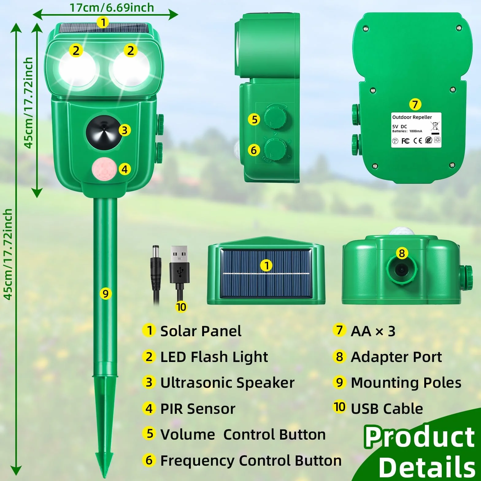 Répulsif pour chats à ultrasons solaire IP66 étanche fréquence réglable 5 modes