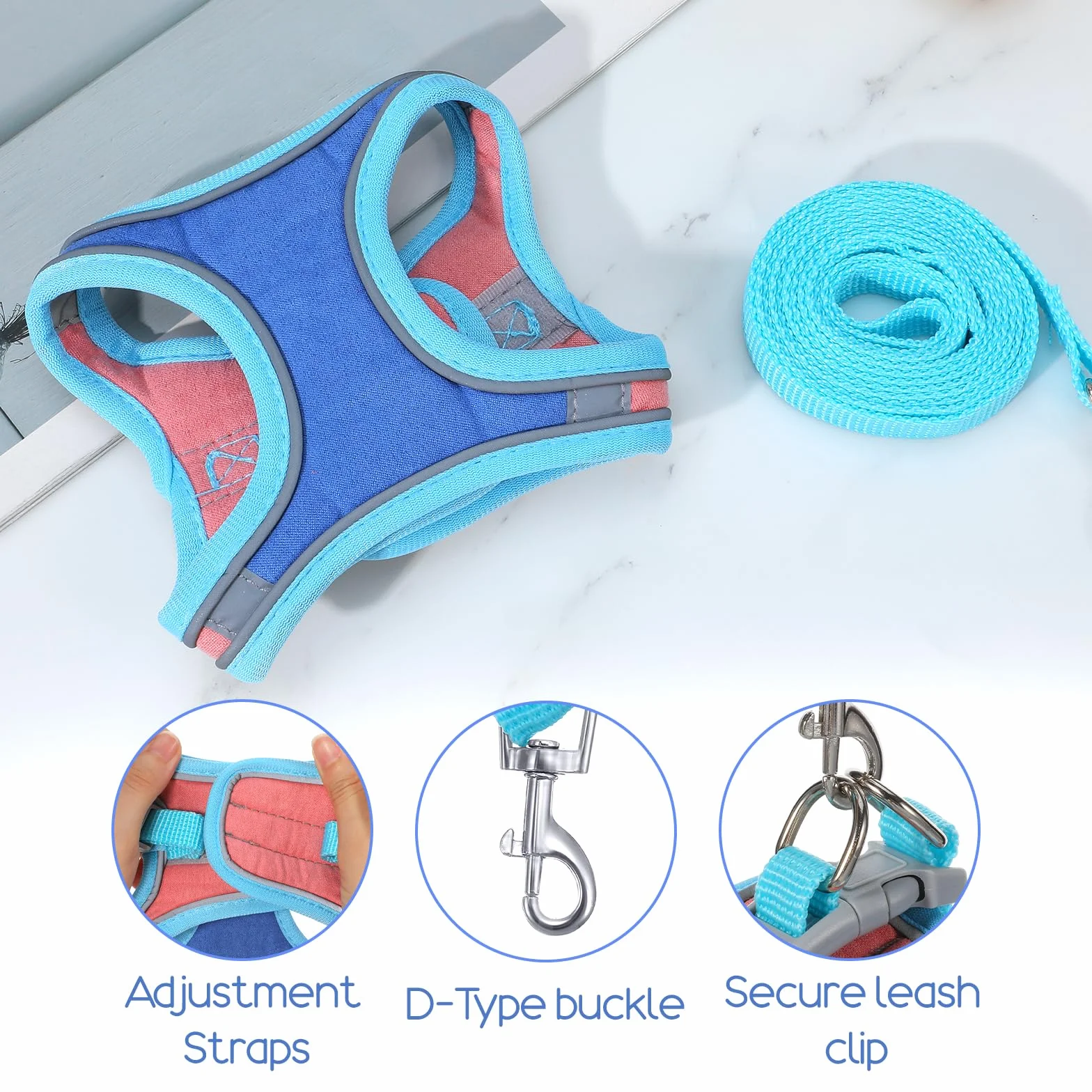 Harnais souple pour lapin avec laisse réglable pour lapin - Accessoires pour chatons - Harnais pour chats et autres petits animaux de compagnie - Bleu, M