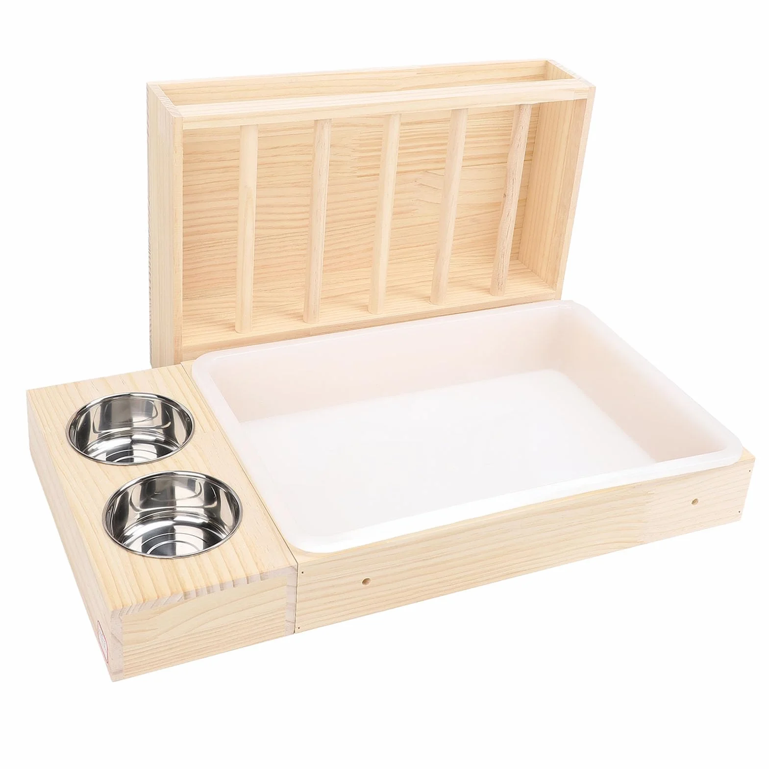 Grand Support en Bois pour Lapins avec 2 Bols, Mangeoire WC Litière Combo