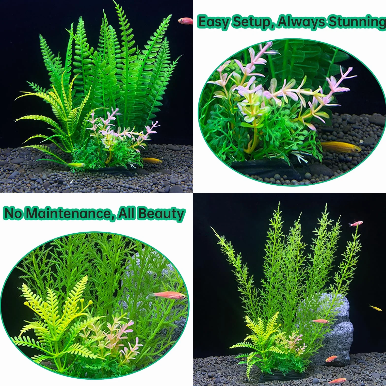 Plantes Artificielles pour Aquarium, Grandes Plantes Vertes en Plastique avec Base PVC, 28cm et 18cm
