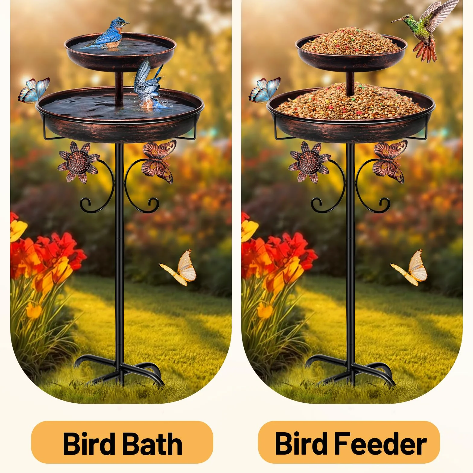 Bain d'oiseaux en métal pour l'extérieur, 106,7 cm, double bain d'oiseaux autoportant, mangeoire pour oiseaux pour extérieur, jardin, terrasse, cour, pelouse, base améliorée à 5 dents (bronze