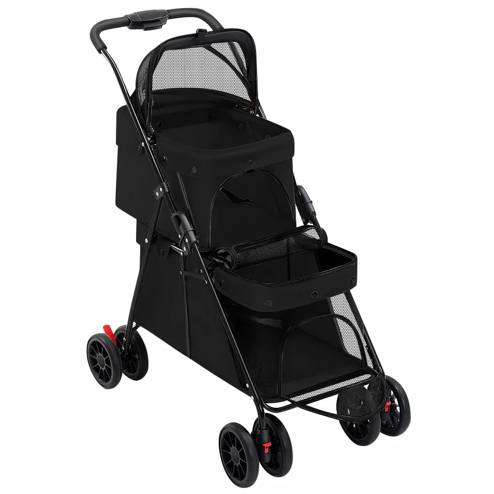 Poussette Double Couche pour Chien Chat Animaux Voyage, Pliable 4 Roues Chariot Landau Jogger Buggy 67x50x95cm Noir