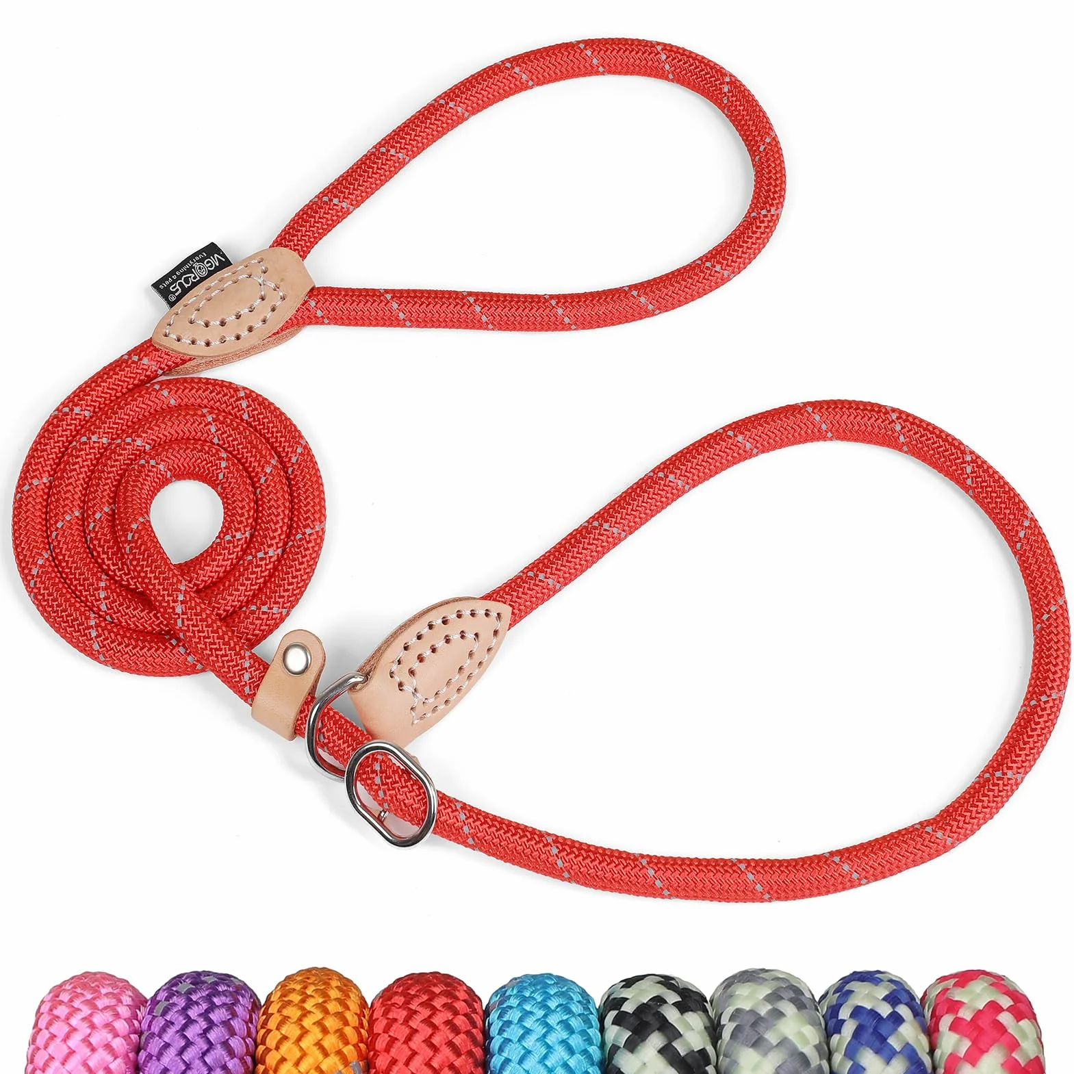 Grand Line Laisse Lasso pour Chien 150 cm Coulissante Dressage Frein Réfléchissant Etrangleur Chiot Petits Moyens Grands Chiens 14mm Rouge