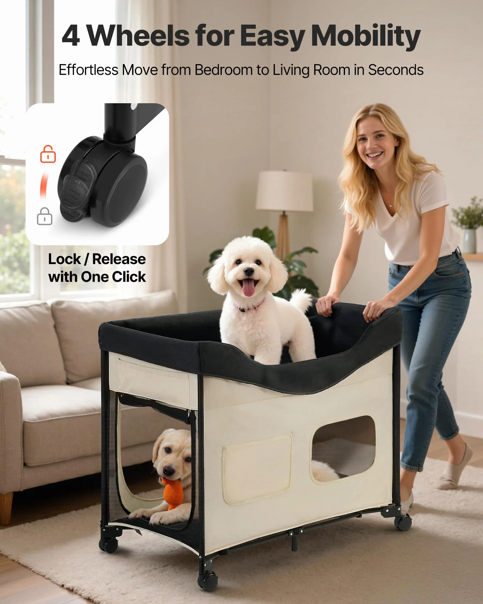 VEVOR Lit Surélevé pour Chiens Chats Pliable, Tissu Oxford 600D Velours Hollandais, Roues Pochettes Latérales, Taille XL Beige