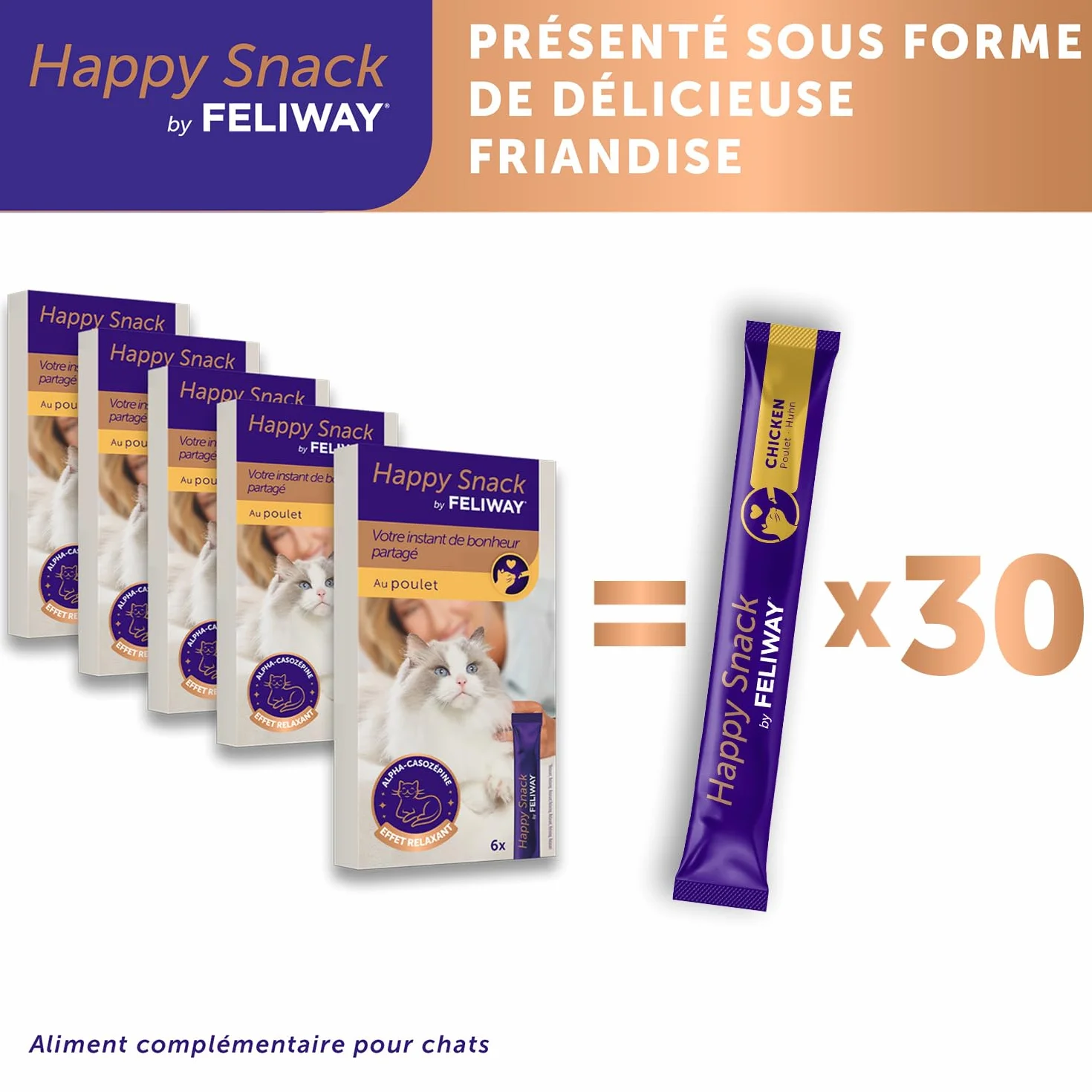 Happy Snack by FELIWAY - Pack de 5 boits - Friandise Onctueuse Relaxante pour Chat - Appréciée par 86% des Chats - sans Somnolence - Au Poulet - 30 Sticks de 15g