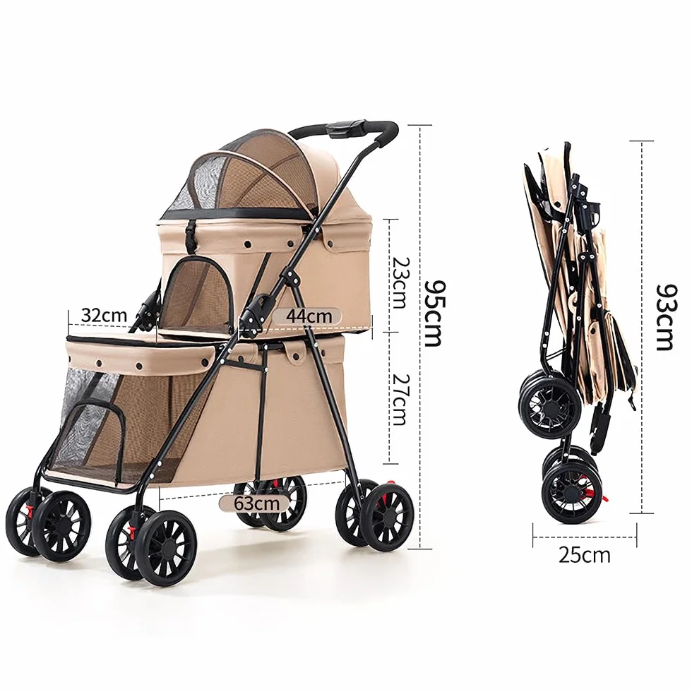 Poussette pour Chien Double Couche Pliable 50x67x95 cm avec Freins et Ventilation Marron