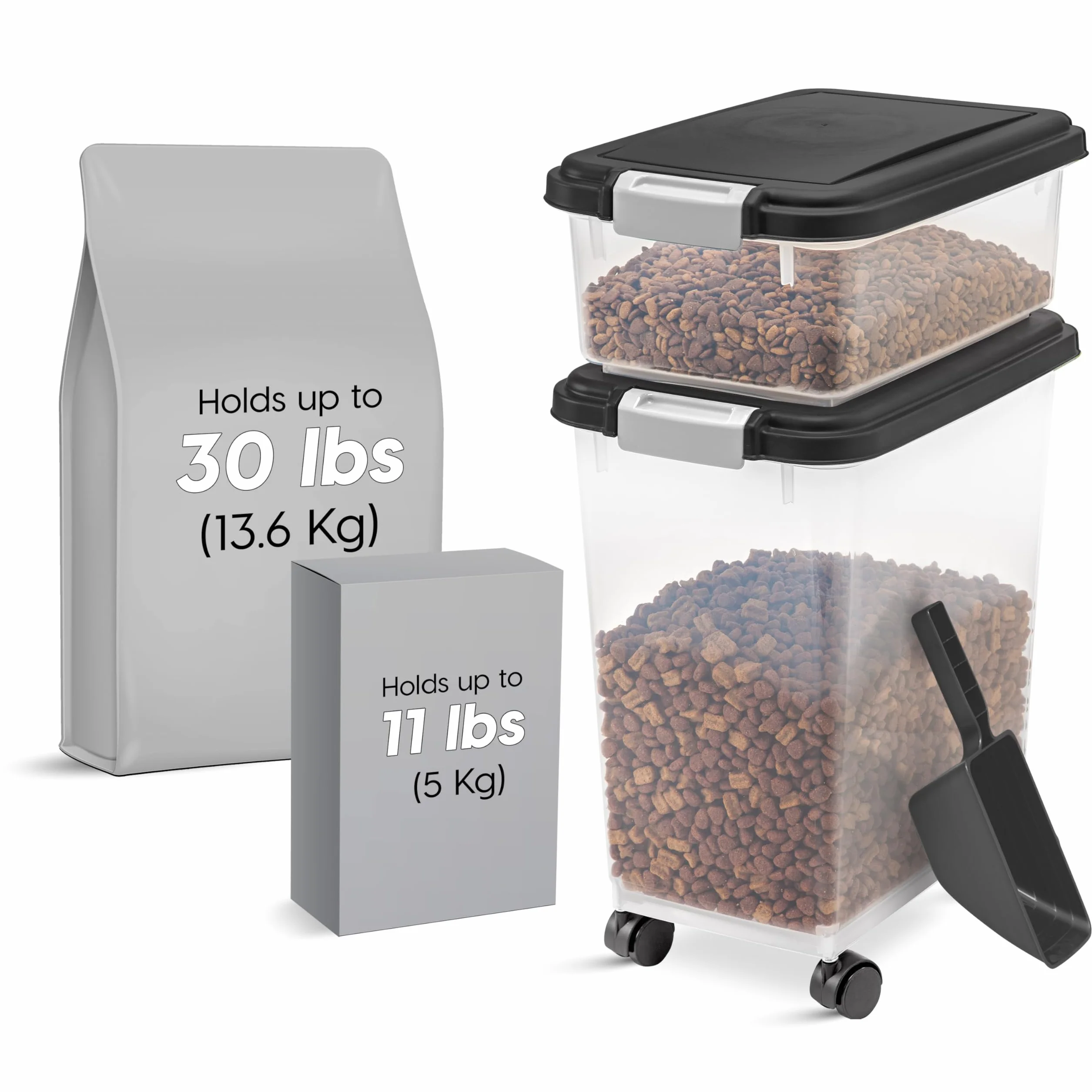 Iris Ohyama Boite Croquettes Chat Hermetique à Roulettes 30L+9L Plastique Noir sans BPA