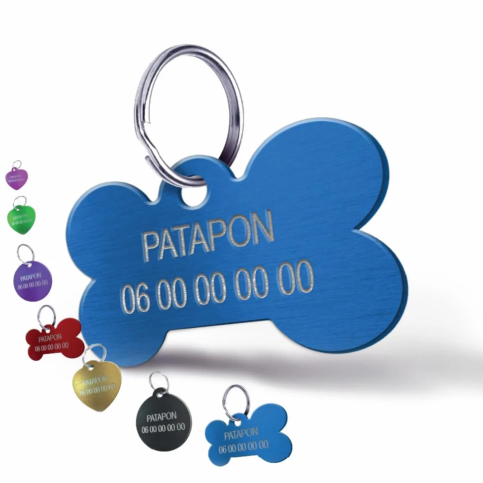 Médaille Gravée pour Chien et Chat – Médaillon d’Identification Personnalisé 3 Lignes Aluminium Anodisé – Gravure Recto Verso avec Nom (Grand Os-40 mm, Bleu)