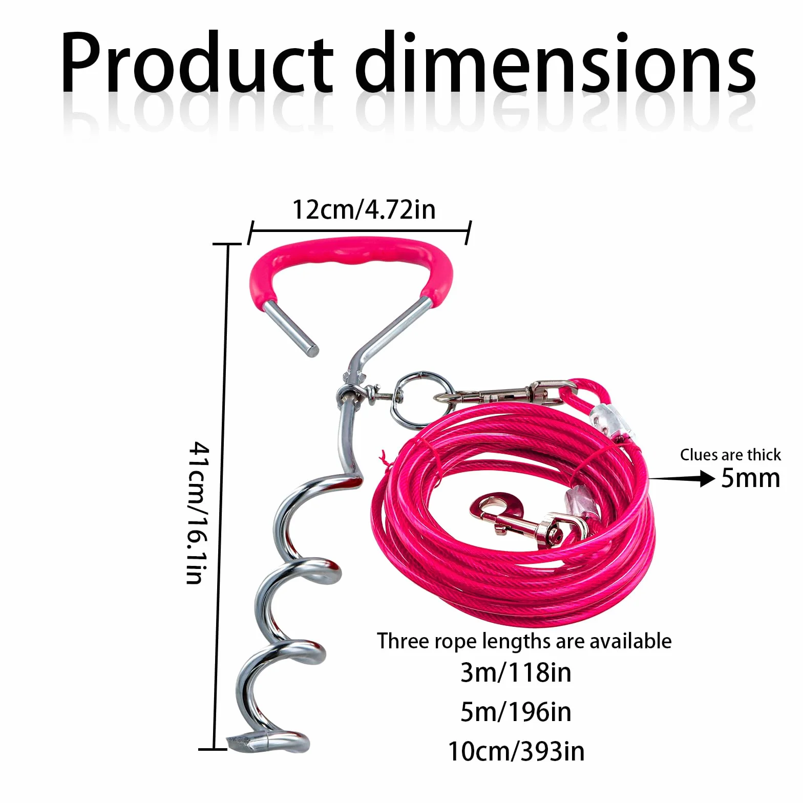 3 m Laisse pour Chien avec 42 cm Ancrage au Sol, 6 mm Câble d'attache Chiens Petite Medium Grande avec Crochet Pivotant, Jusqu'à 250 kg, PVC Coated, Anti-Morsure, Chaîne Chien Extérieur (3m Rose)