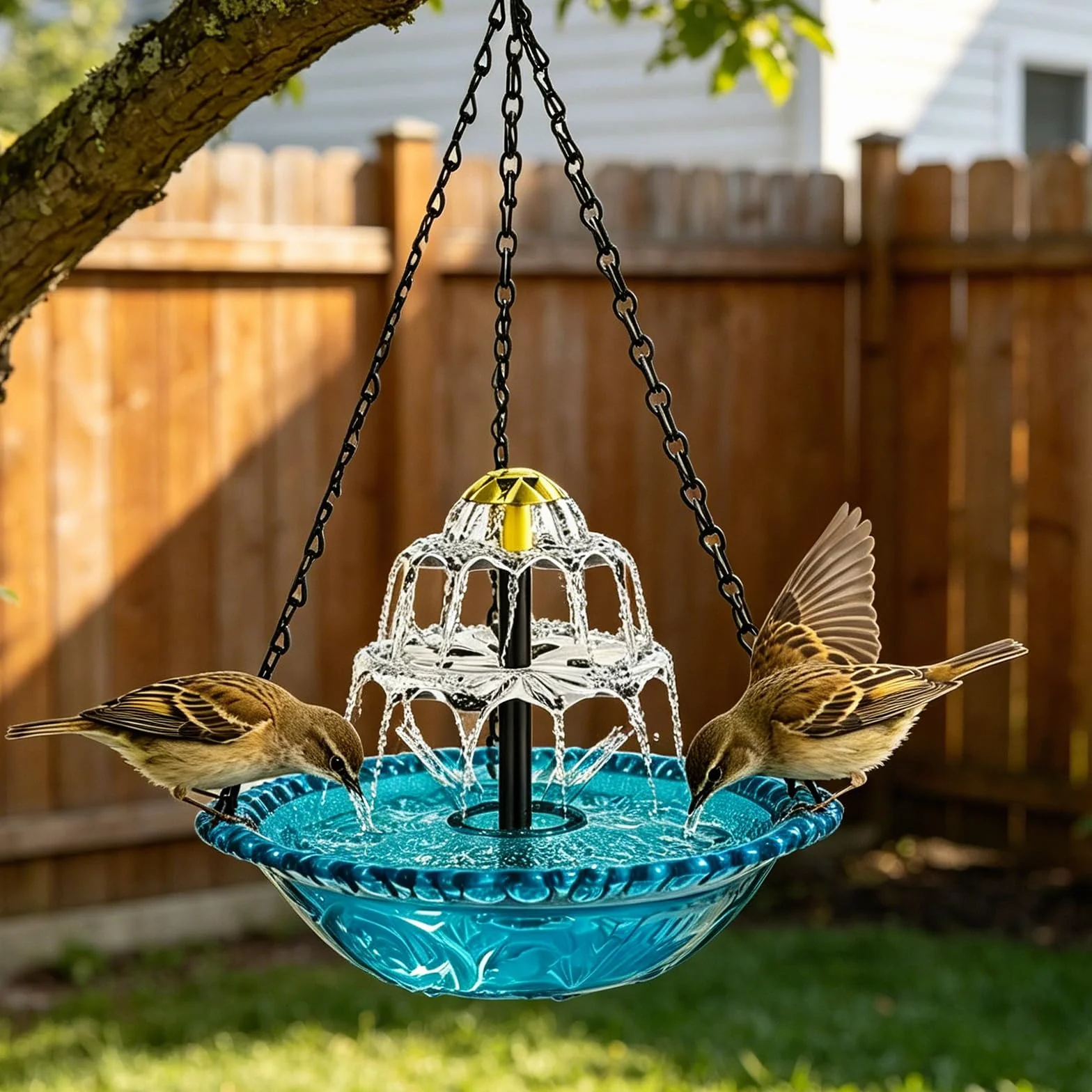 Bain d'oiseaux suspendu 3 niveaux avec fontaine solaire, bleu, chaînes en métal pour jardin