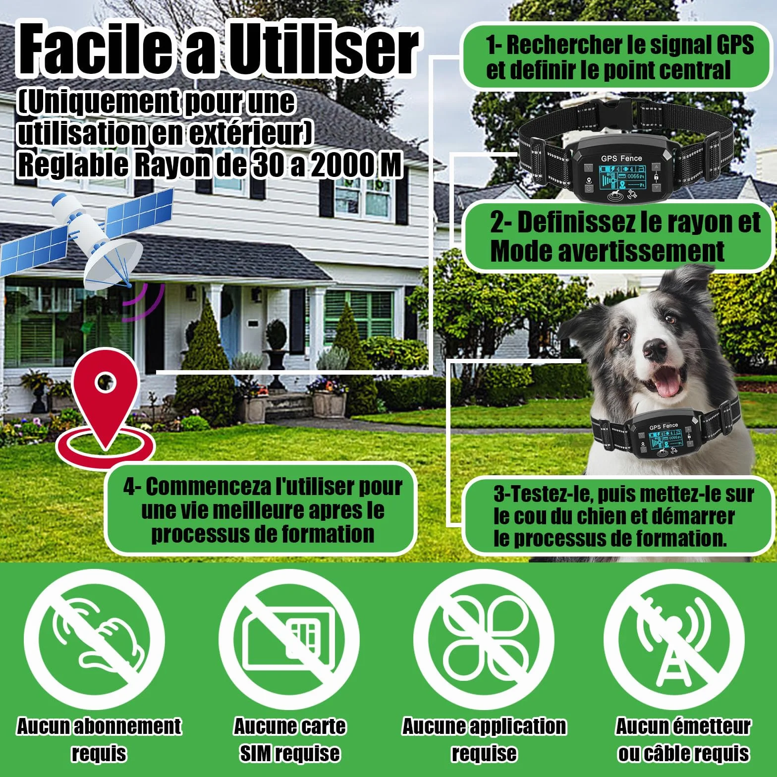 Billg Collier de Dressage pour Chien sans Fil GPS Résistant à L'Eau, 3 Modes Clôture Anti-Fugue, Portée 30-2000m, 9 Niveaux de Sensibilité