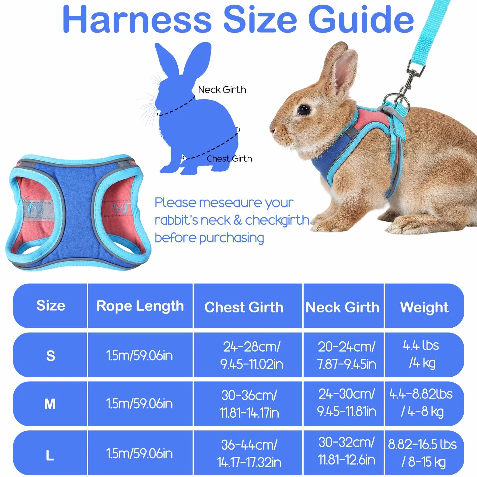 Harnais souple pour lapin avec laisse réglable pour lapin - Accessoires pour chatons - Harnais pour chats et autres petits animaux de compagnie - Bleu, M