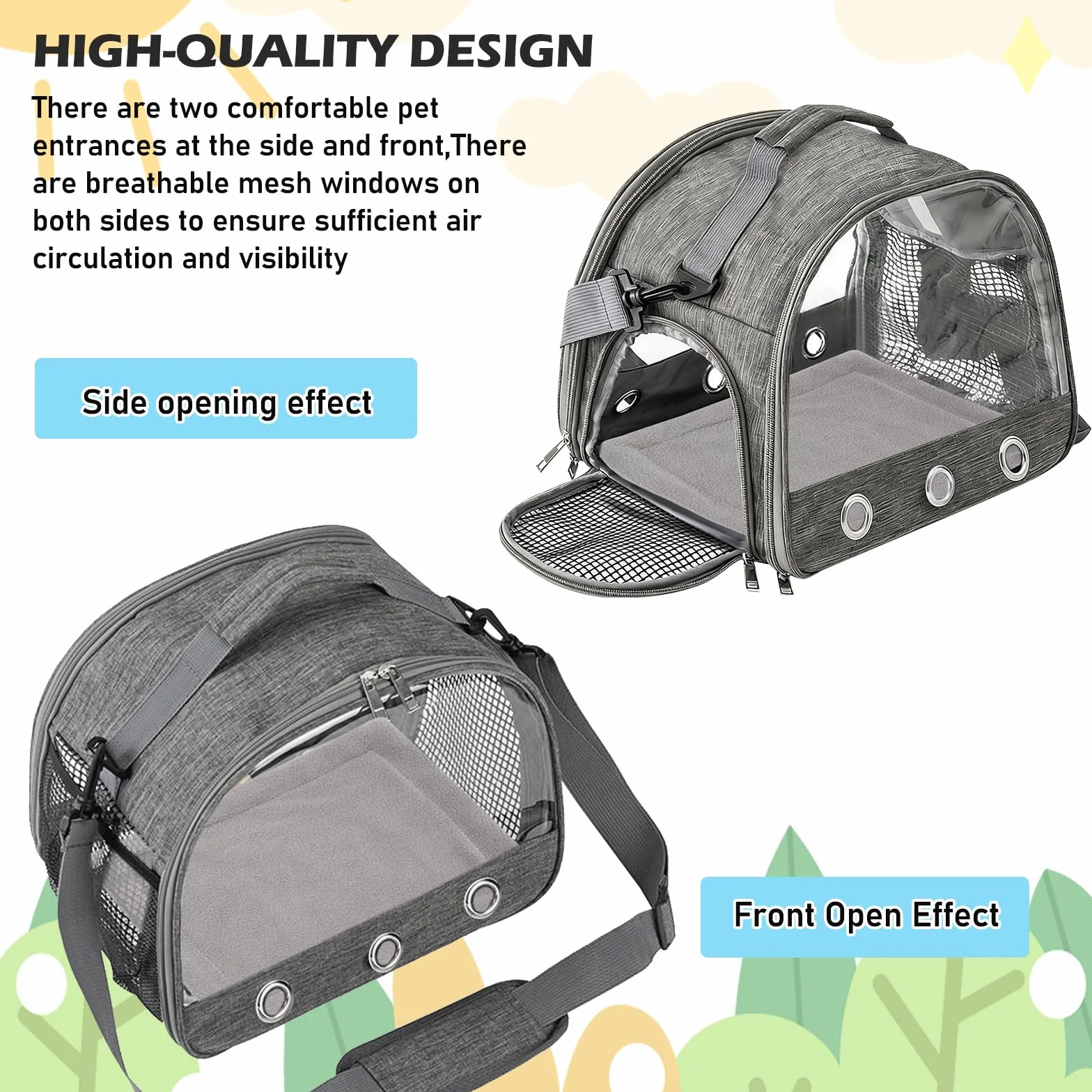 Pliant Sac de Transport pour Animaux de Compagnie Chat Chiot Oiseau avec Ouverture Latérale Gris