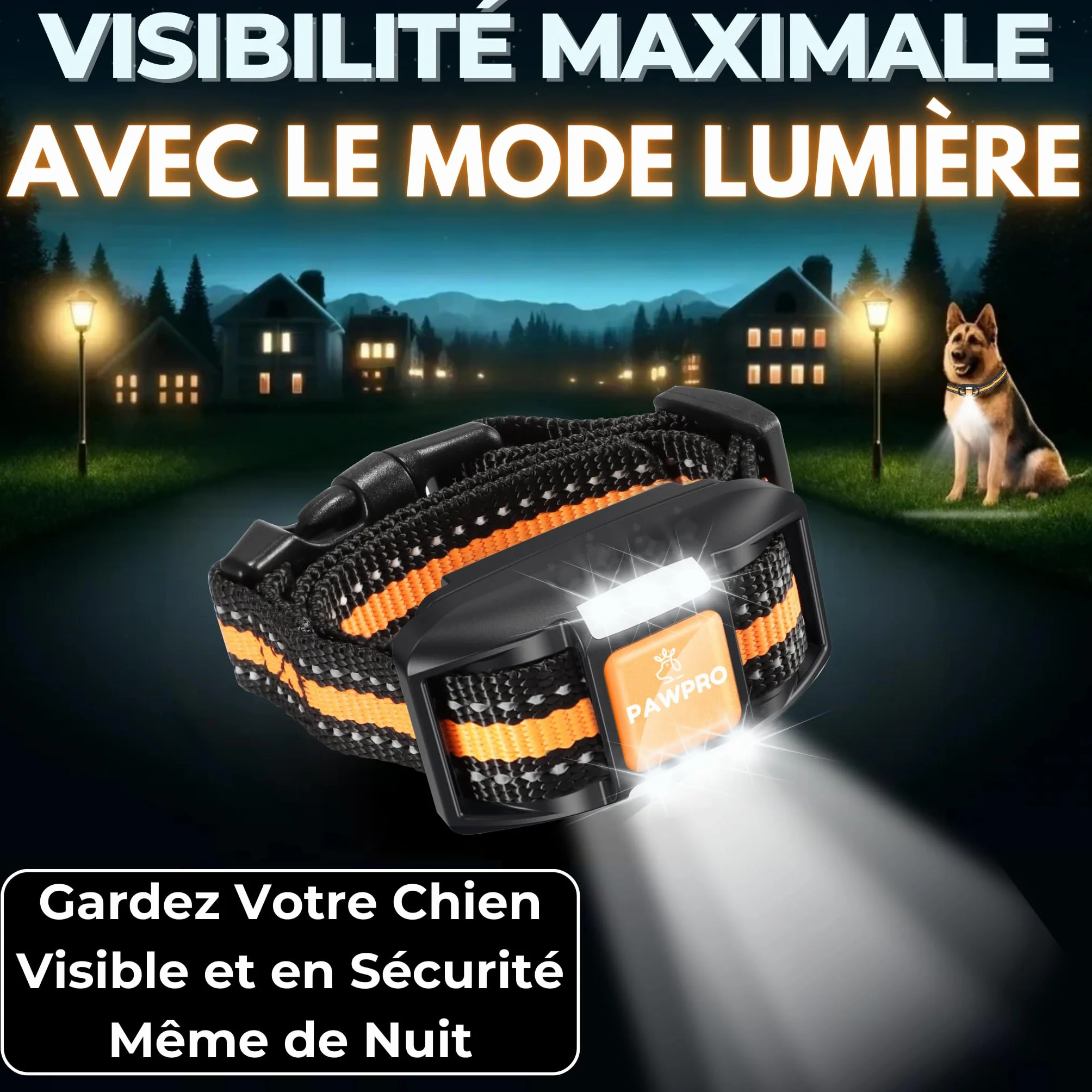 Collier de Dressage PAWPRO, Portée 3km, Mode Lumière Nocturne, 124 Niveaux, BIP Vibration Choc, Étanche Rechargeable
