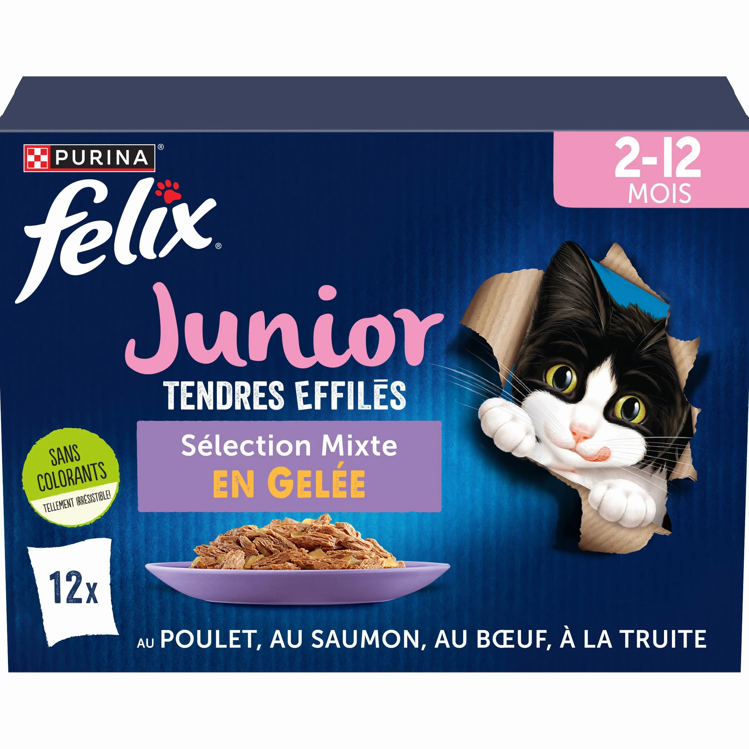 PURINA Felix Tendres Effilés Junior Aliment Complet pour Chatons Stérilisés Poulet Boeuf Saumon Truite Gelée Portion Individuelle 12 x 85g