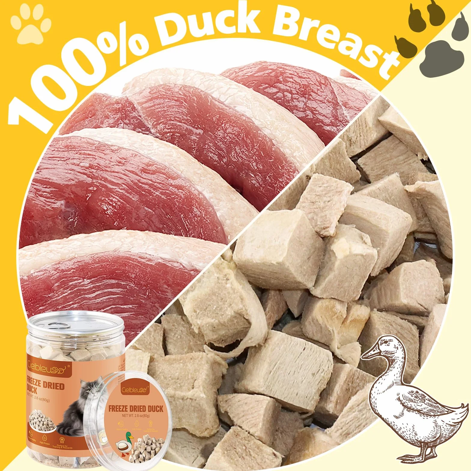 Friandises Lyophilisées au Canard pour Chats et Chiens, 100% Magret de Canard, Riche en Protéines, sans Gluten ni Céréales (80g)