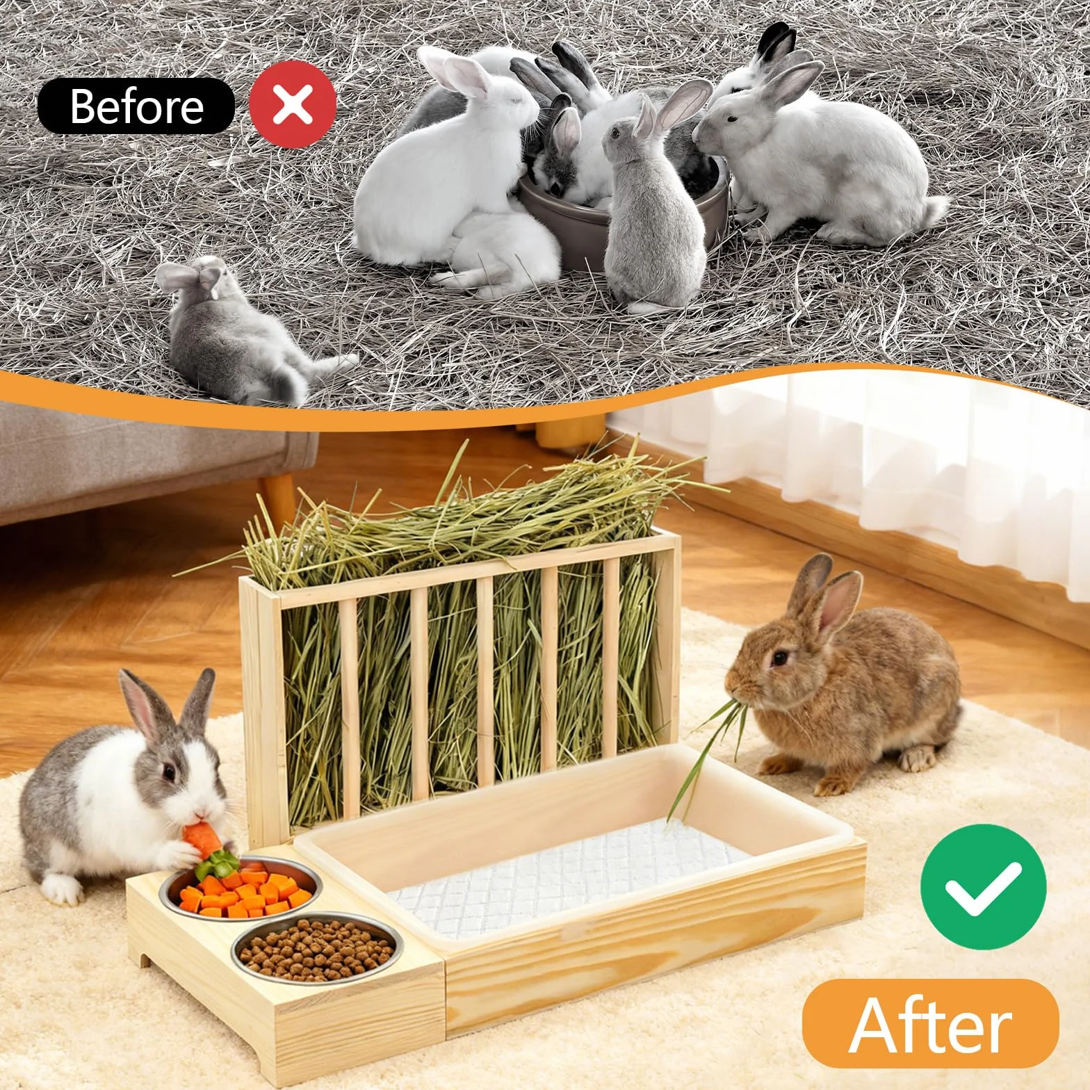 Râtelier à Foin en Bois pour Lapins Cochons d'Inde Hamsters avec Toilettes et Gamelle