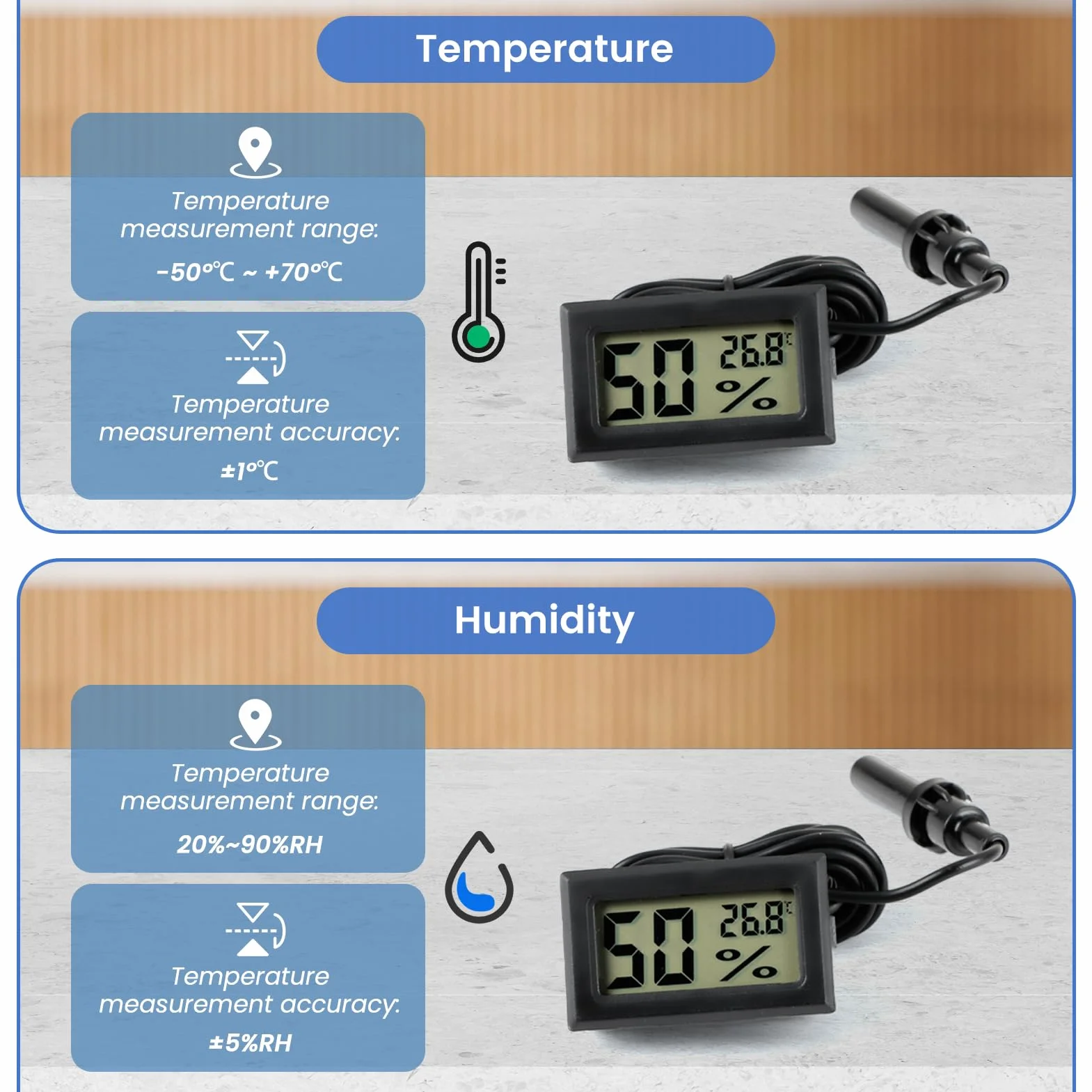 Thermomètre Hygromètre Numérique avec Sonde Externe -50 à 70°C 10 à 90% pour Aquarium Reptile Incubateur