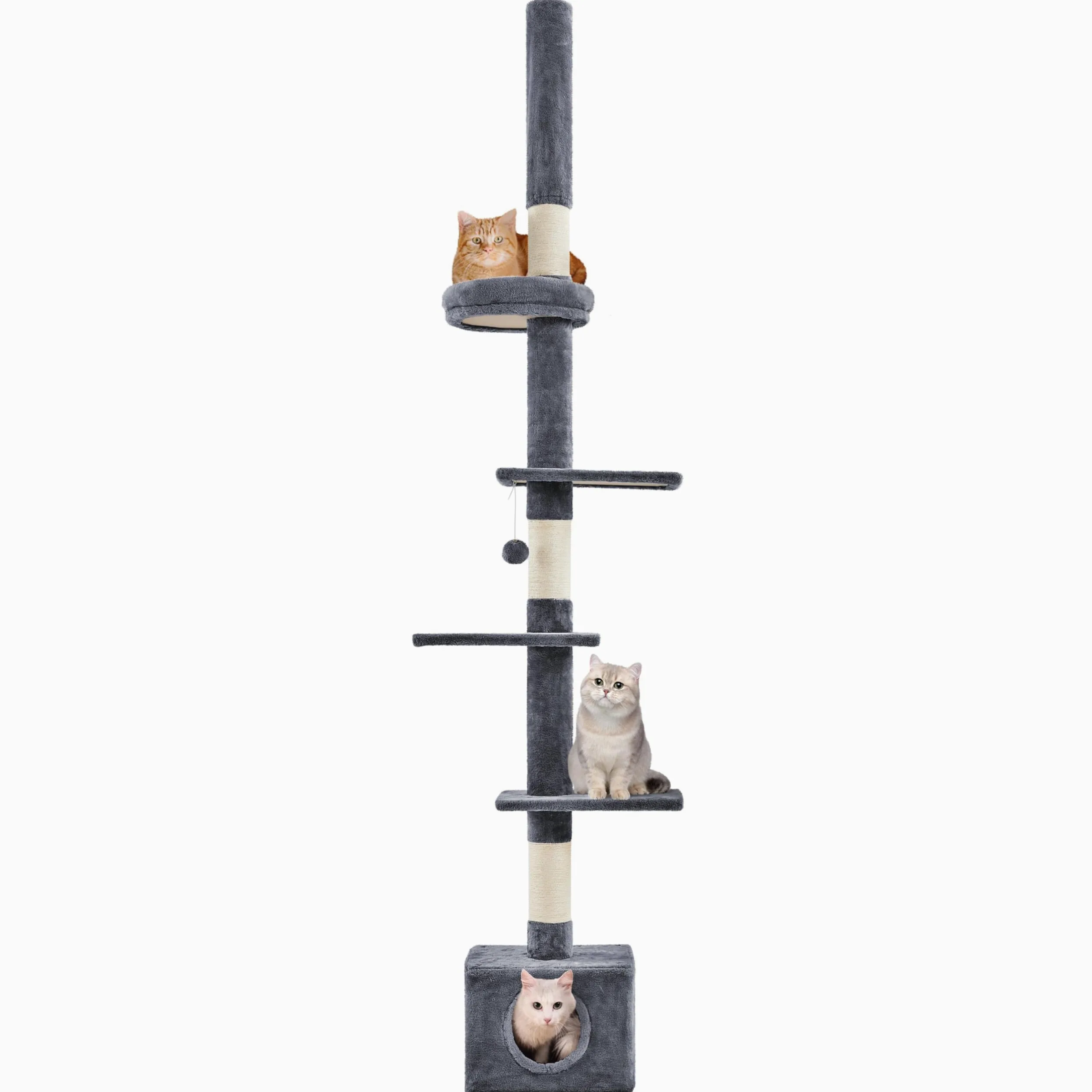 Abician Arbre à Chat du Plafond Poteau à griffer Réglable en Hauteur 226-265 cm avec Niche Chat Gris foncé