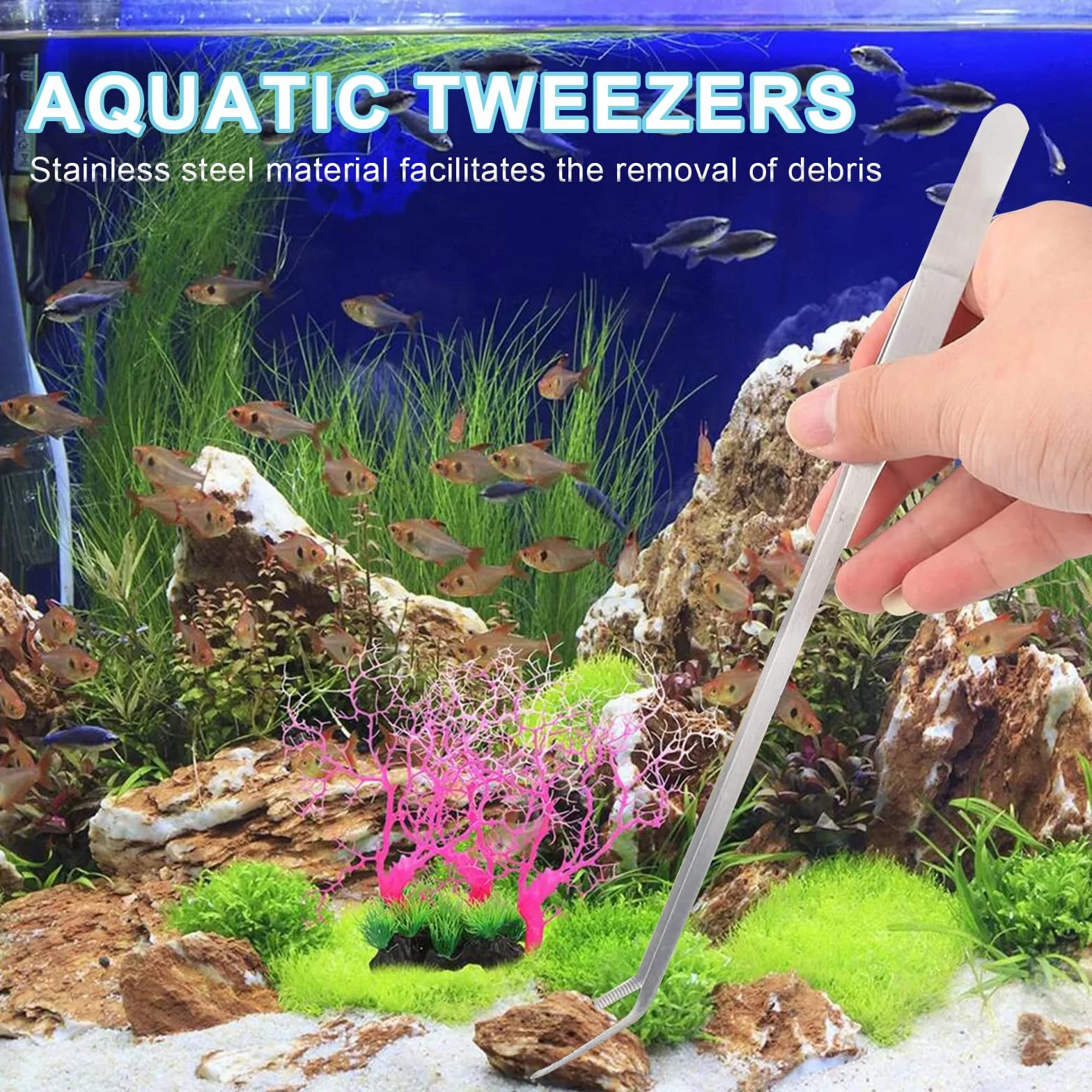 Kit d'outils aquarium 4 en 1 en acier inoxydable avec pince longue, ciseaux, spatule