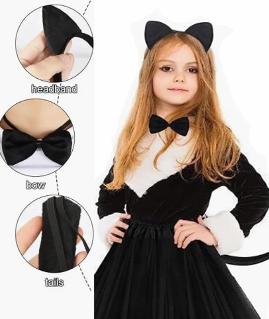 Costume d'Animal Chat Noir avec Bandeau Oreilles Queue Papillon, Accessoire de Fête