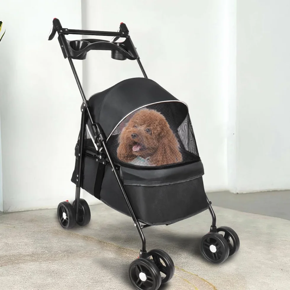 Poussette pour Chien 25 Kg avec Sac de Rangement, Housse de Pluie et Porte-gobelet - Pet Stroller Buggy 50x70x95cm Noir