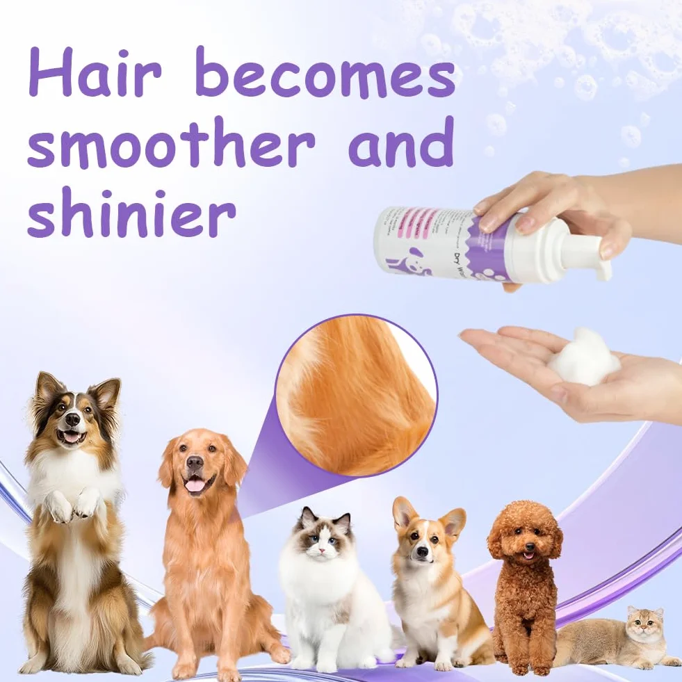Aomig Shampoing Sec Chat Chien 150ml sans Rinçage Nettoyage Profondeur Poil Brillant Naturel