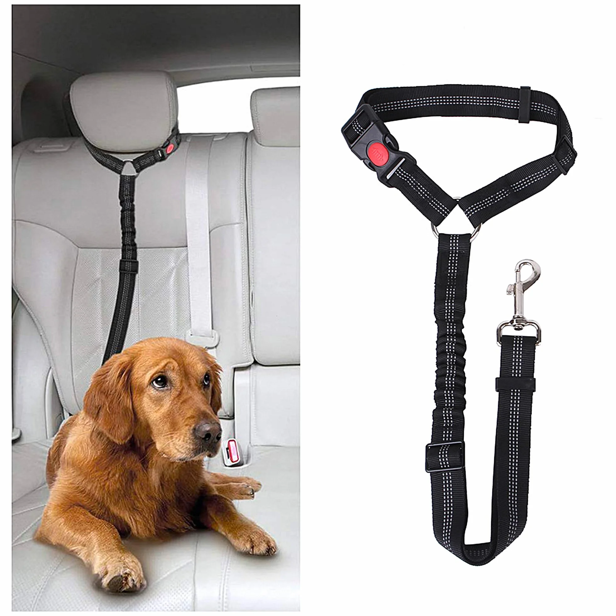 Ceinture de sécurité de voiture pour chien – Harnais de voiture réglable pour animal domestique, retenue rembourrée pour chien, laisse élastique en nylon durable (noir)