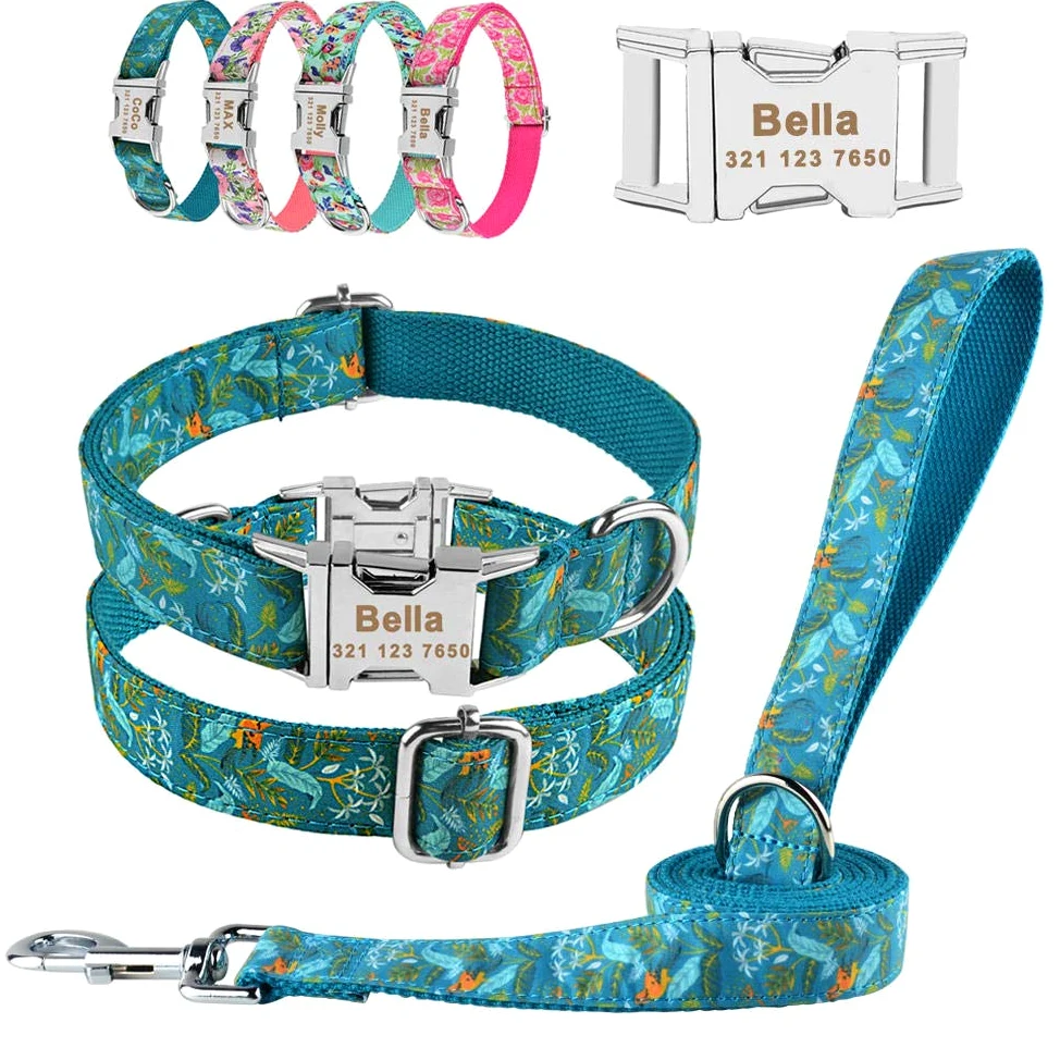 Chien Laisse Réglable en Nylon Cool Collier De Chien Personnalisé Sculpté Nom Téléphone Bleu Pitbull Personnalisé Colliers De Chien Accessoires De Chien Tag-Rosey_Set_M